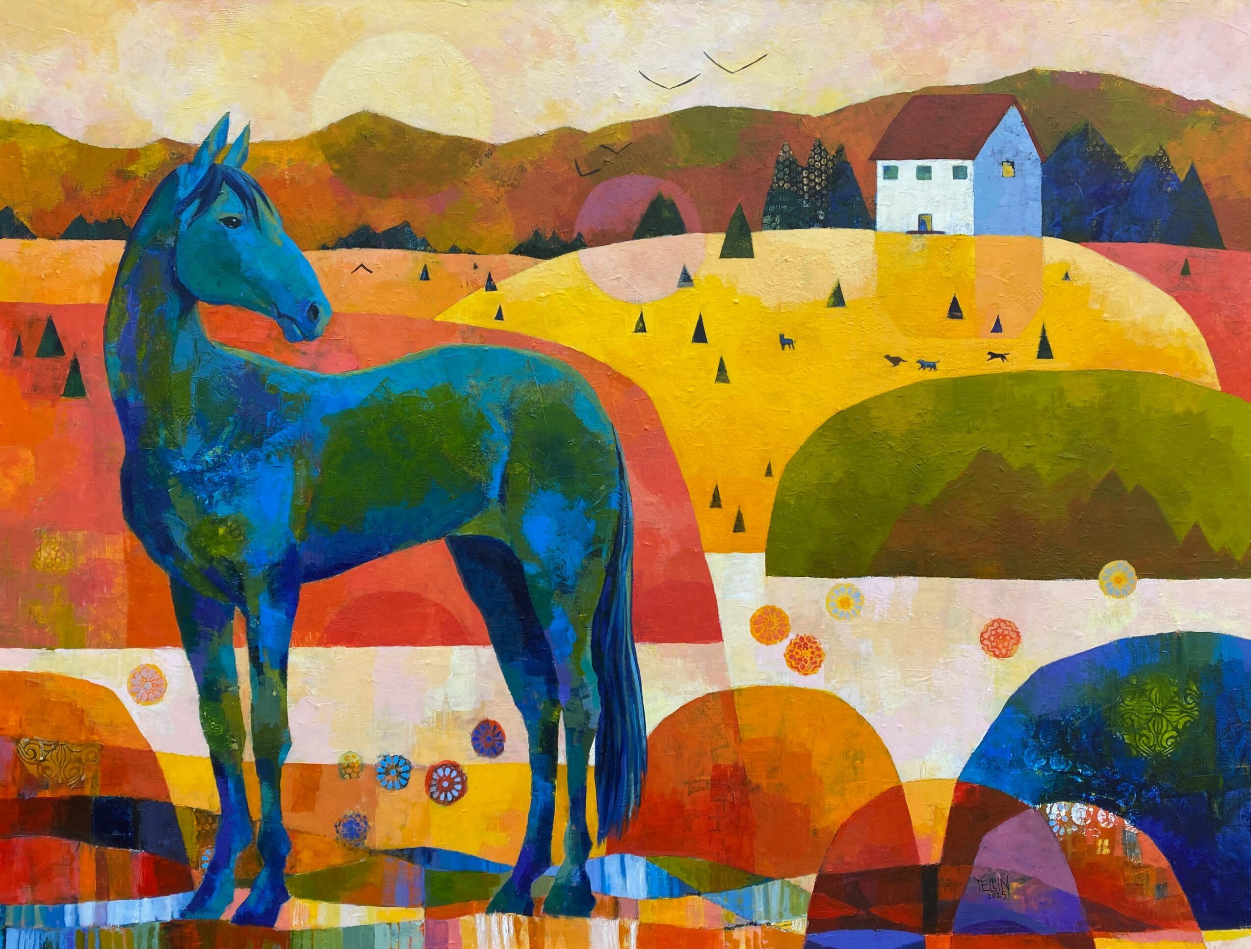 A colorful painting of a blue horse standing in a vibrant landscape with hills, trees, and a house in the background.