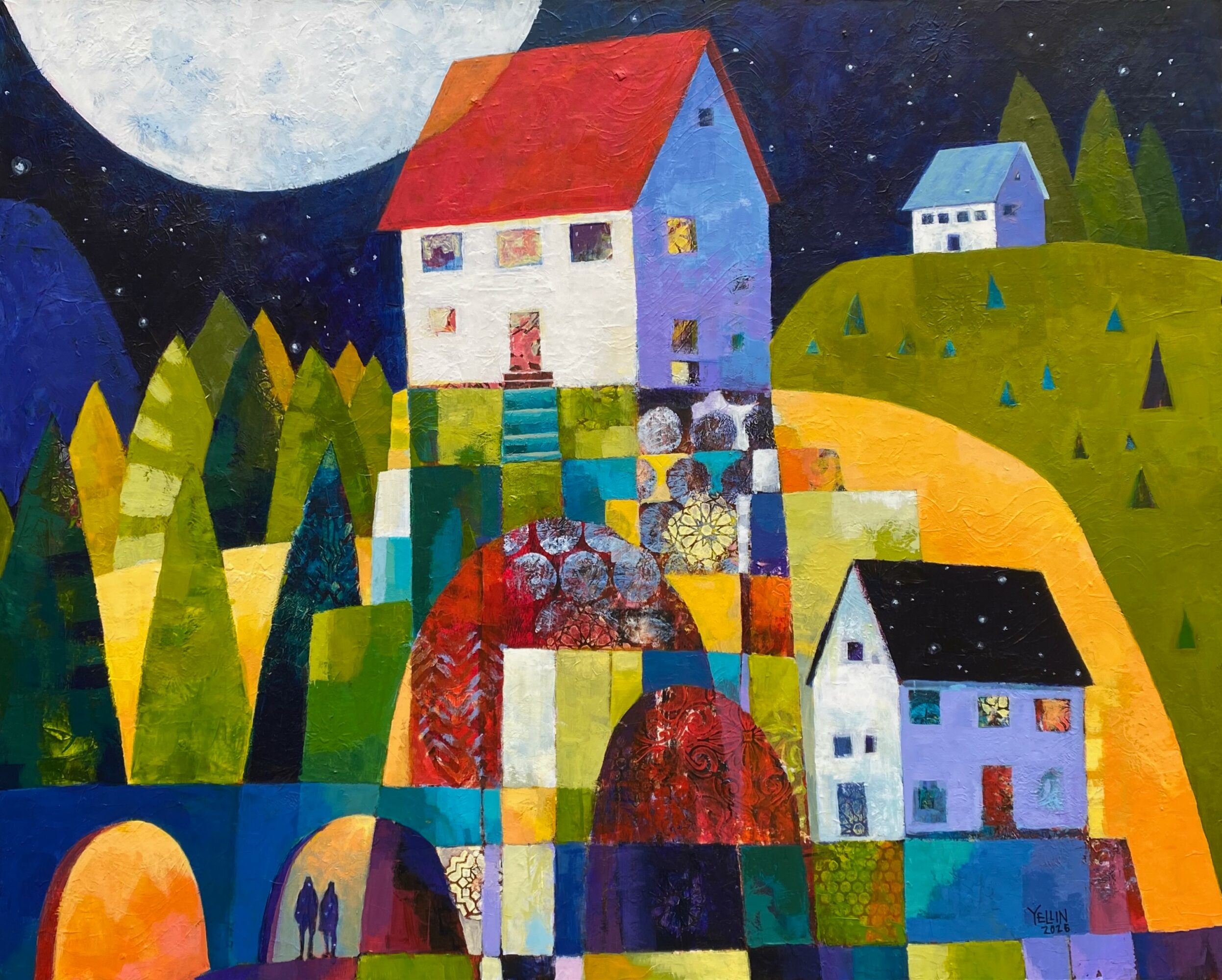 Colorful painting of houses on a hill under a night sky with a large moon, trees, and vibrant landscape.