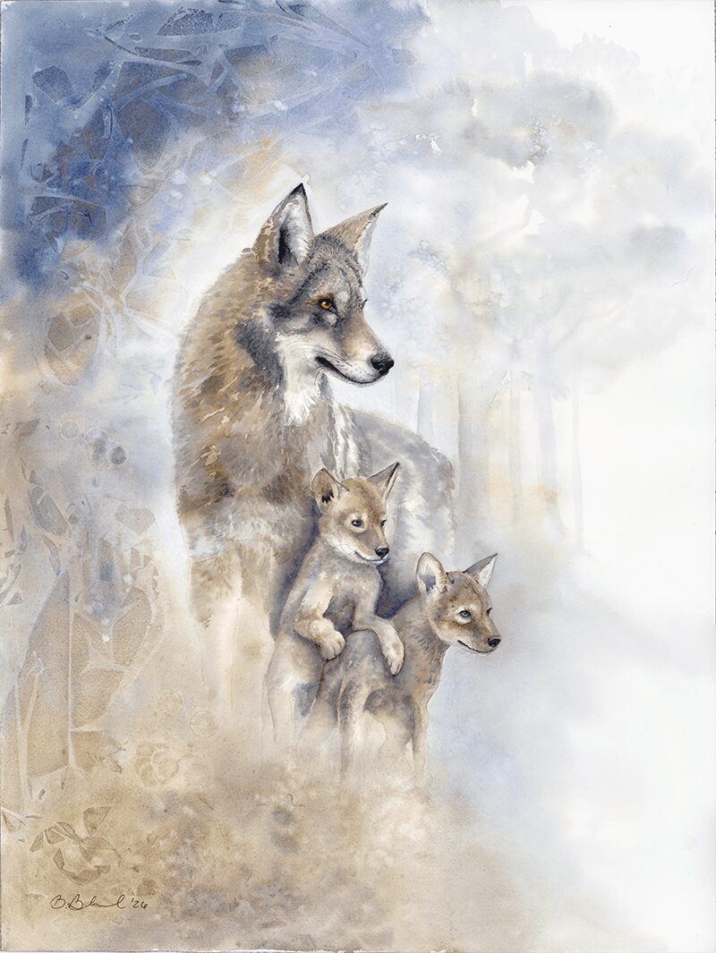 A watercolor painting of a wolf and two wolf pups in a misty, natural landscape with trees and sky.