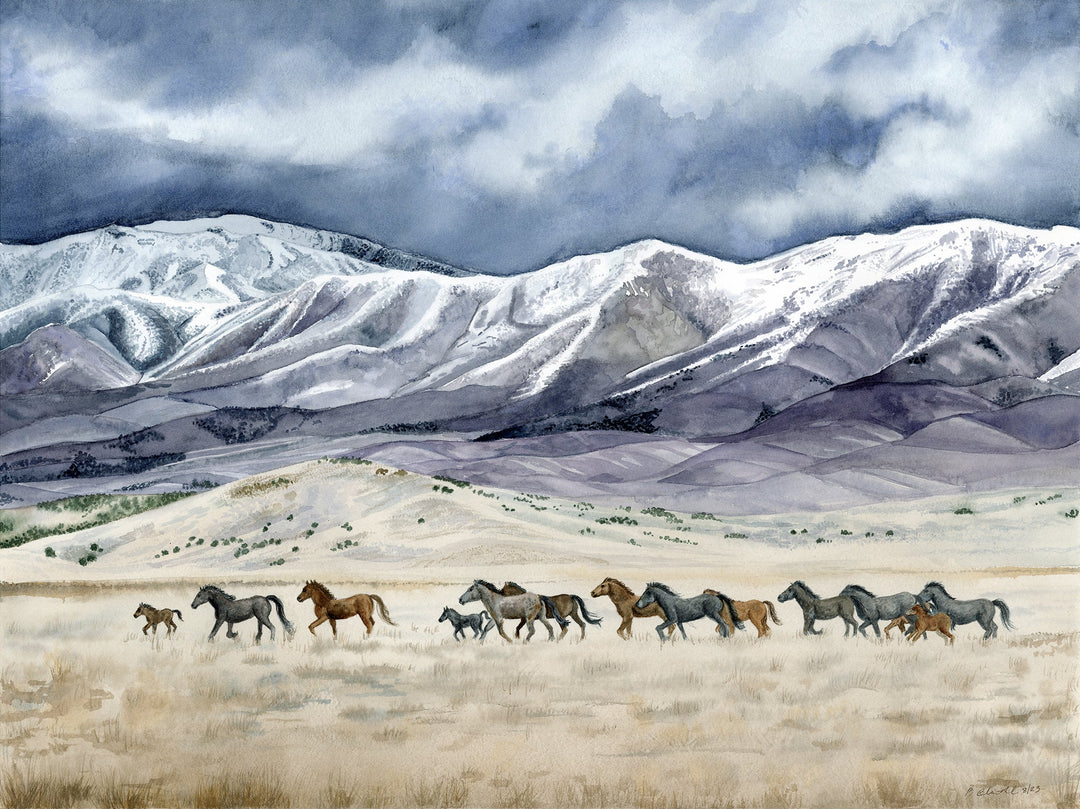 Horses walk across a grassy plain with snow-capped mountains and cloudy sky in the background.