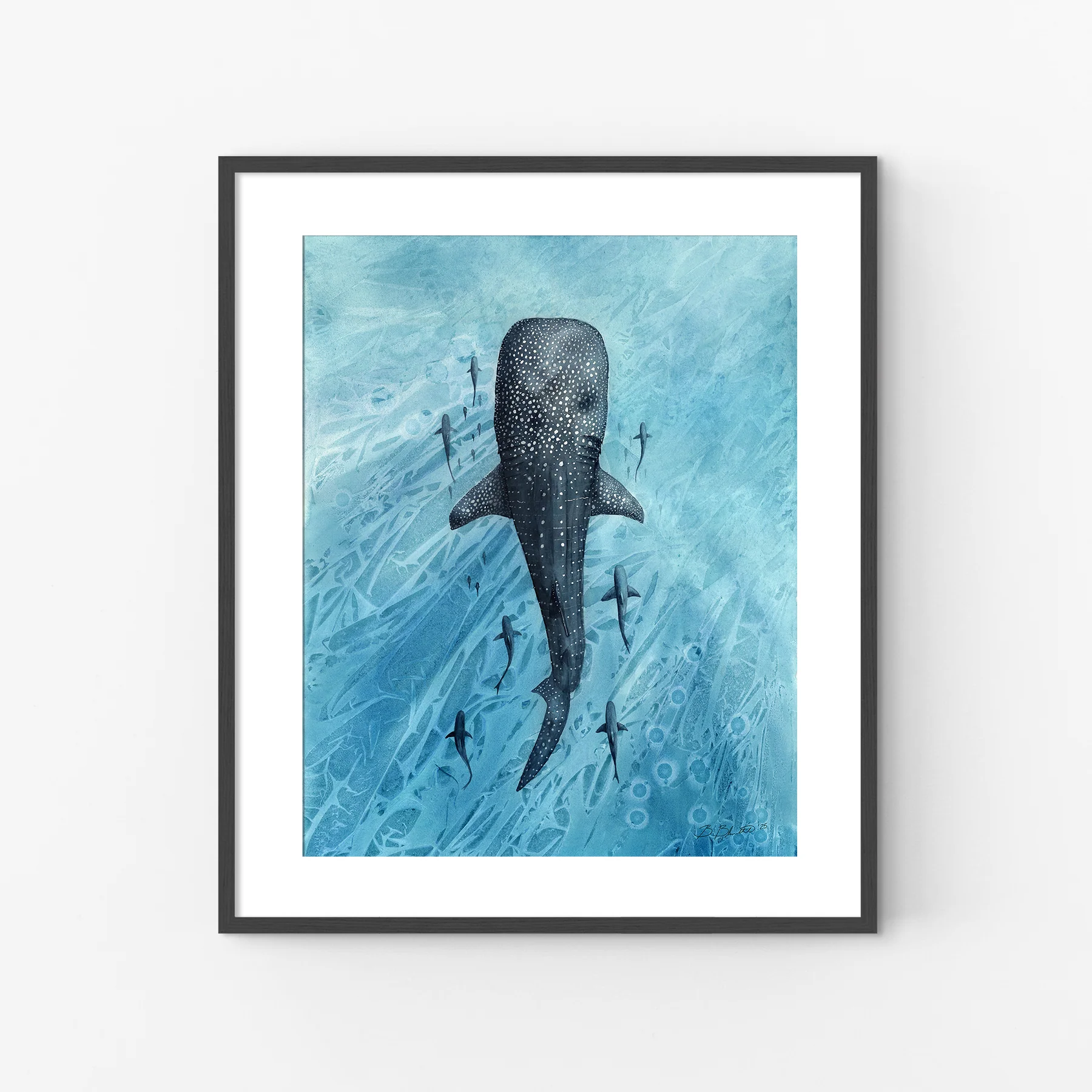 Whale swimming underwater with smaller fish around it, in a blue aquatic scene.