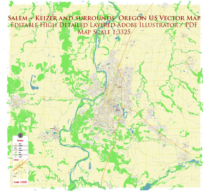 Map of Salem and Keizer in Oregon, showing roads, green areas, and the Willamette River, with map details and scale.