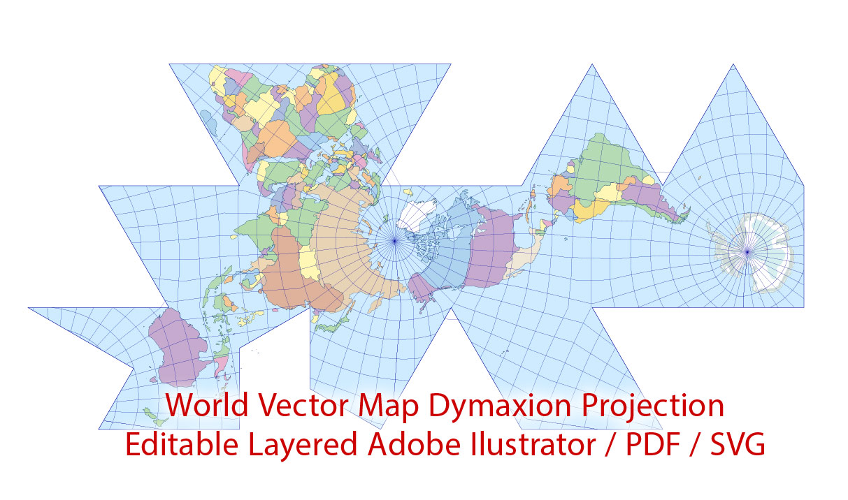 World map with countries in different colors, overlaid with grid lines, labeled as a Dymaxion projection, layered for editing.
