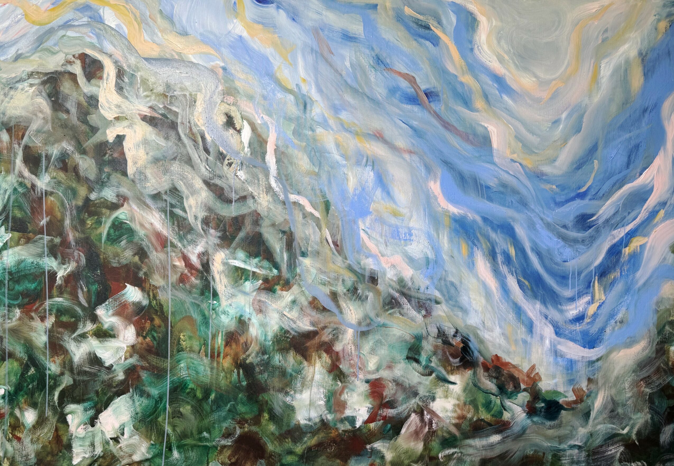 Abstract painting with swirling blue, white, and earthy tones, resembling a natural landscape or sky.