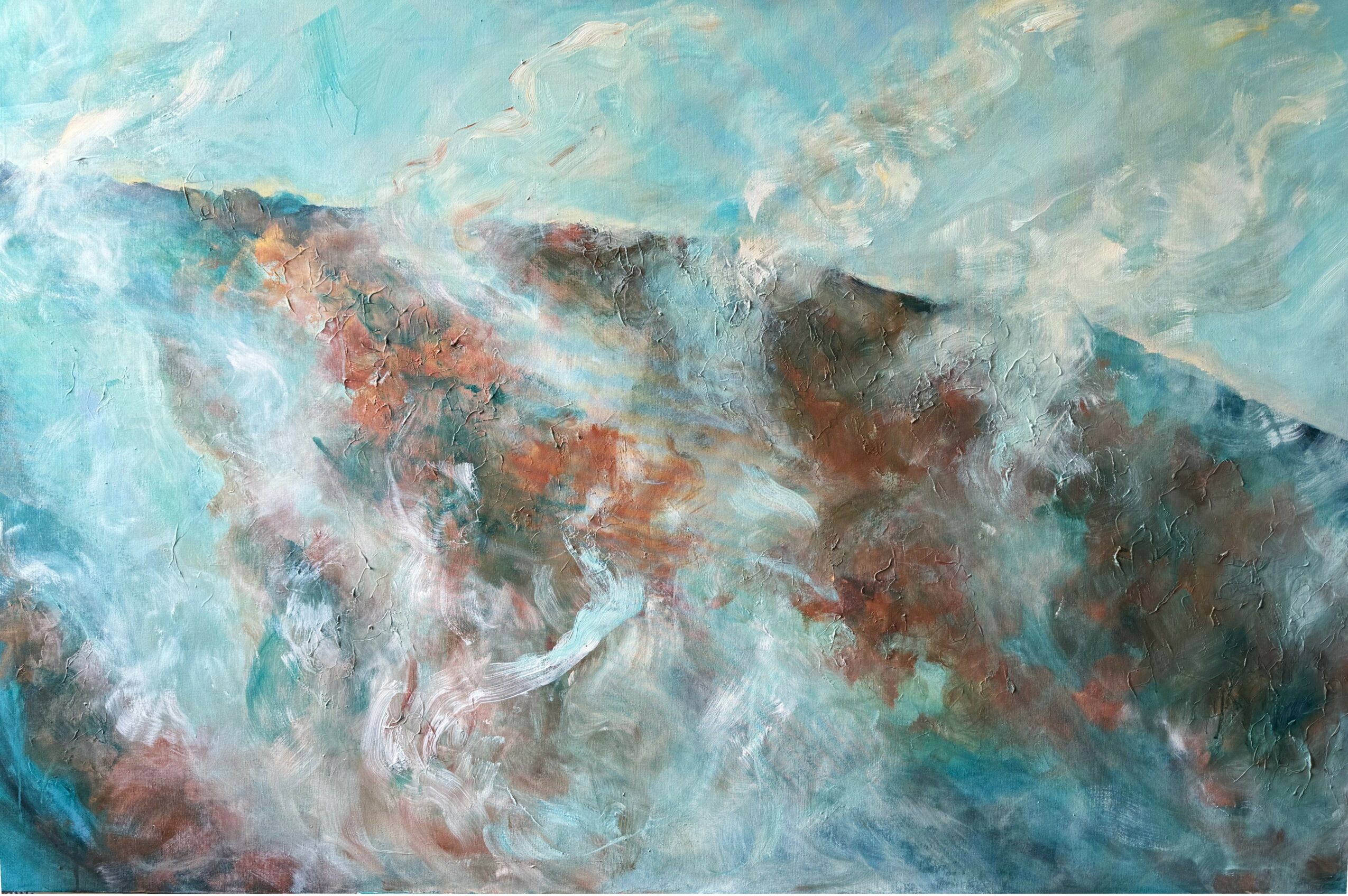 Abstract painting with blue, brown, and white colors blending together, resembling a dynamic, cloudy scene.