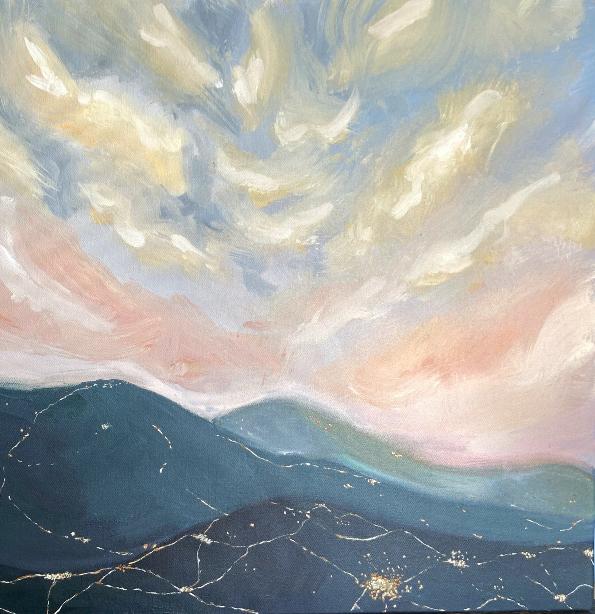 Sky with clouds above mountain range, pastel colors, and a starry night scene at the bottom.