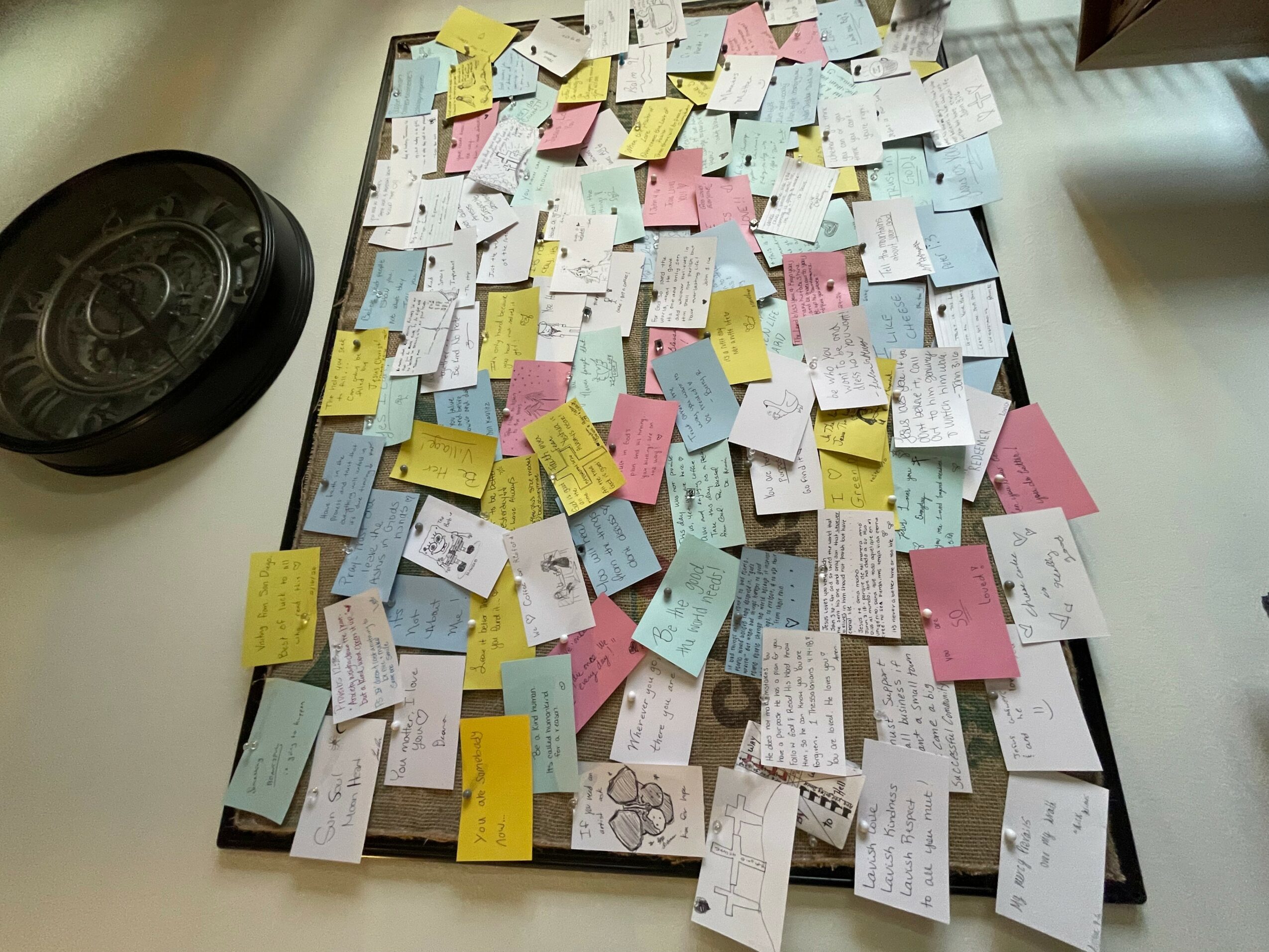Table covered with numerous colorful sticky notes and handwritten notes, with a black tray on the left side.