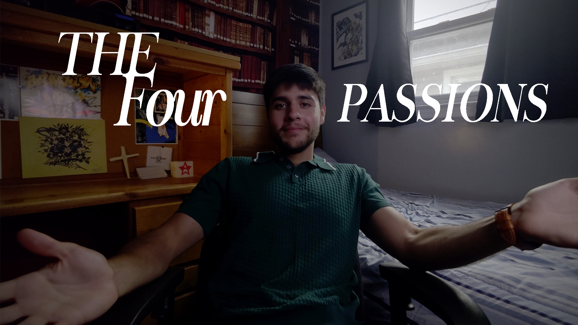 Man sitting in a room with bookshelves, arms outstretched, smiling, with text 'THE Four PASSIONS' overlaid.