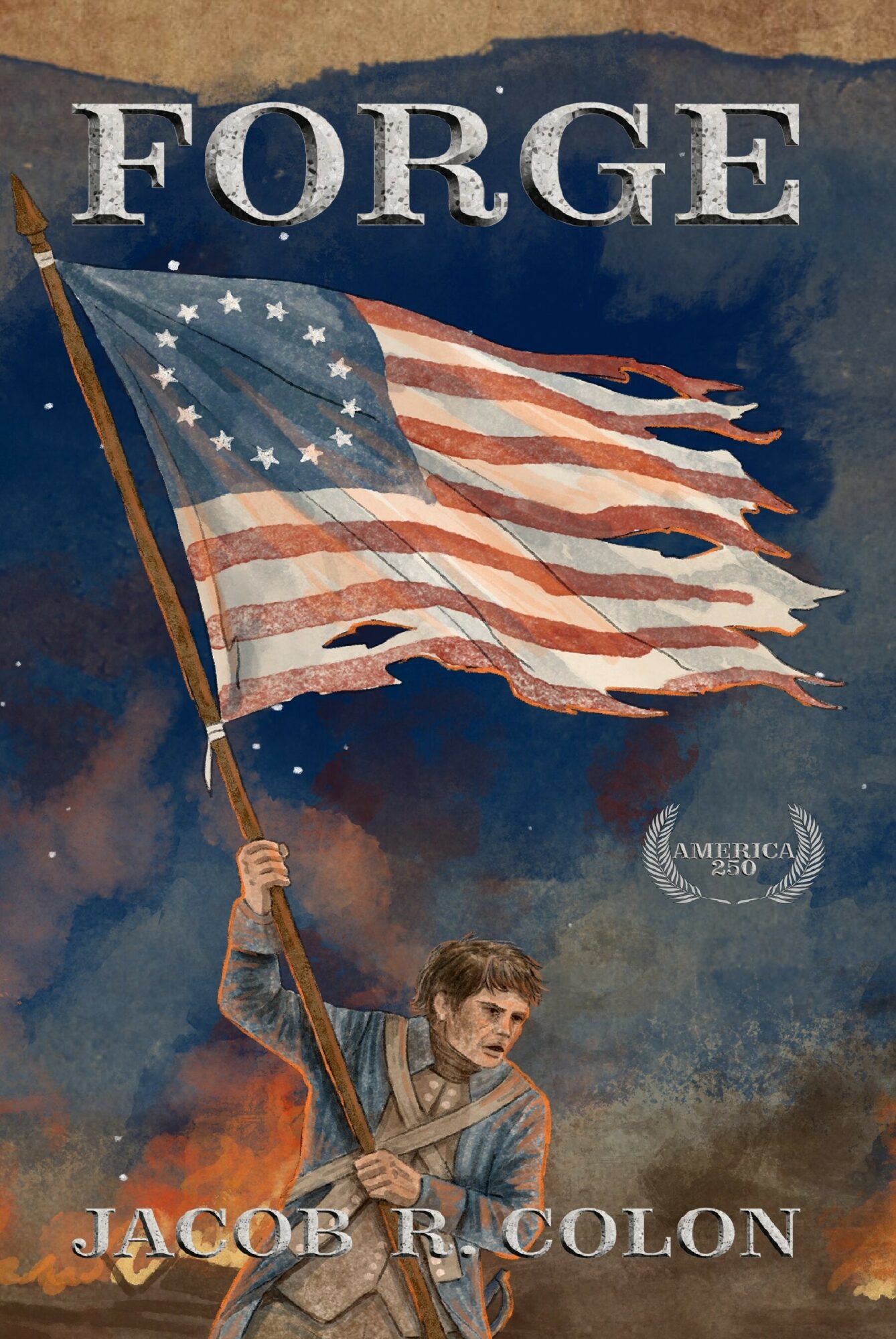 A young person holding a tattered American flag with a dark sky background and the title 'FORGE' at the top.