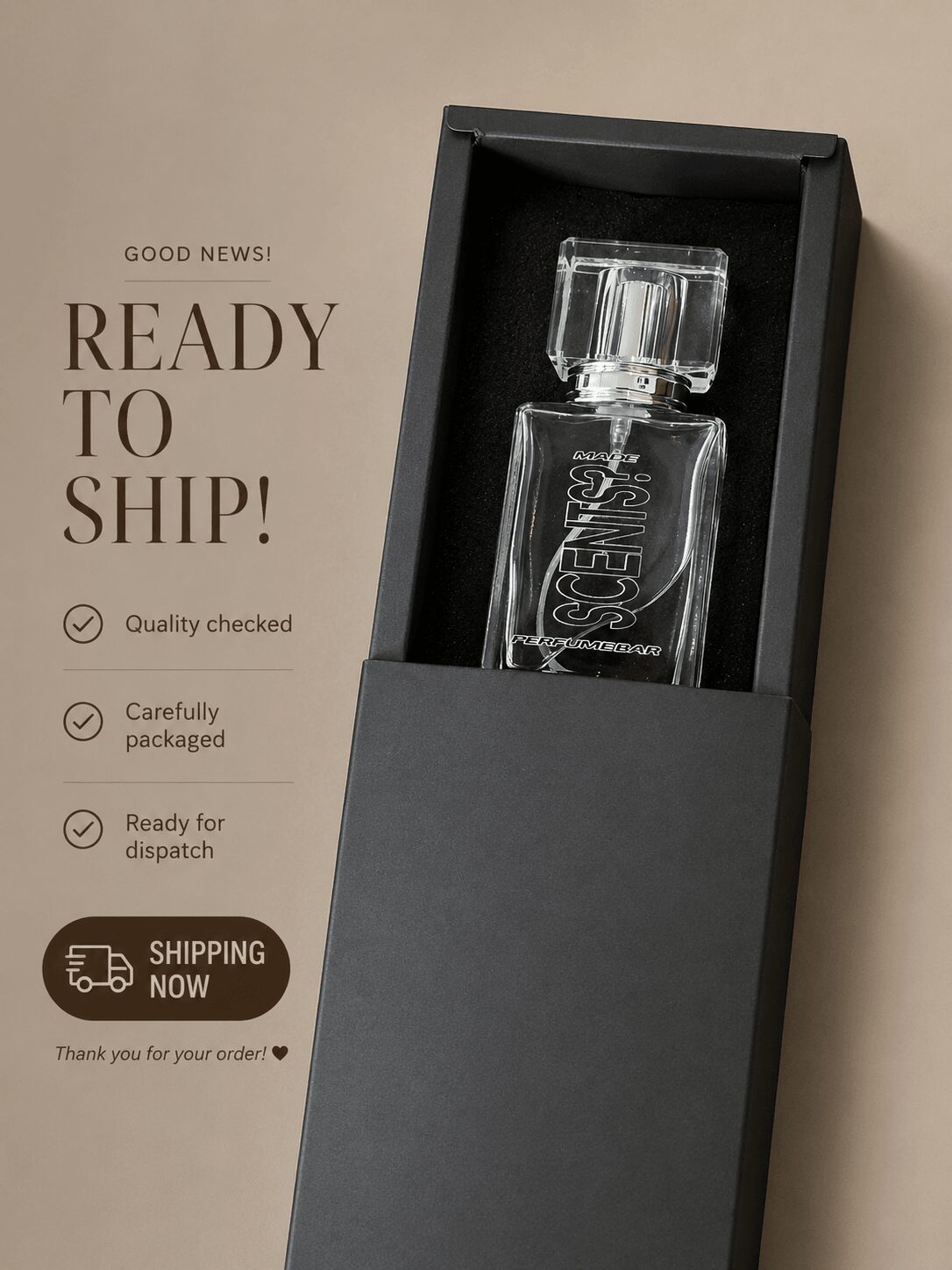 Glass perfume bottle in black box with text about shipping and readiness to ship, on a beige background.