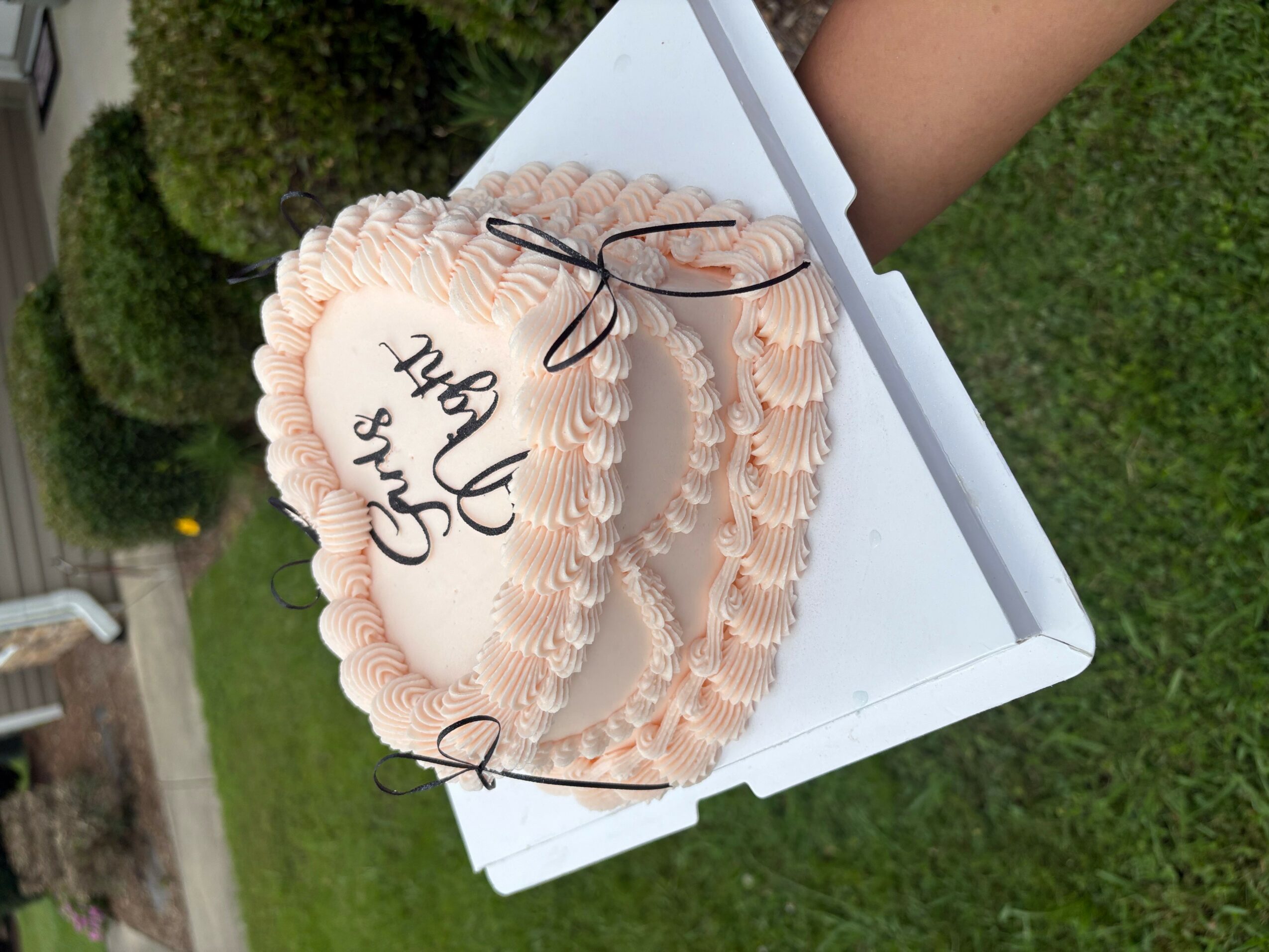 Heart-shaped cake with pink frosting and black bows, on a white tray outdoors.