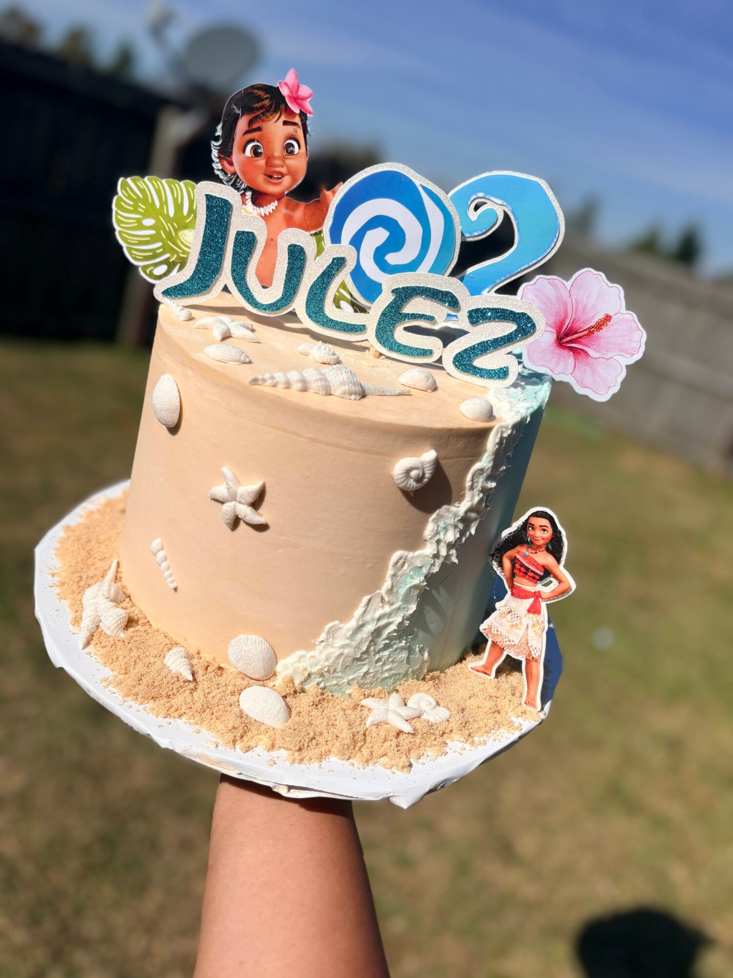 A cake decorated with a Moana character, tropical leaves, and pink flowers, held outdoors with a grassy background.