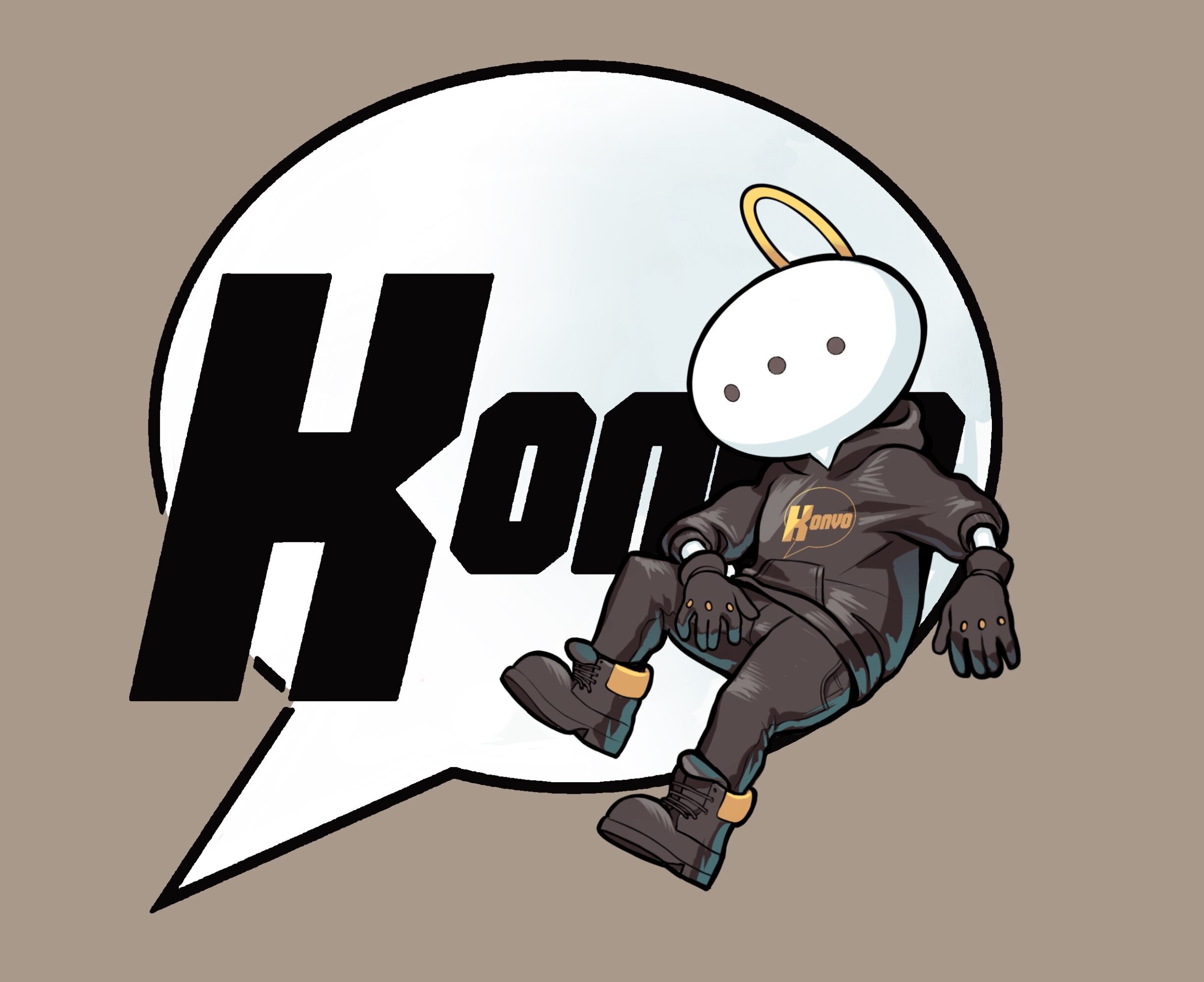 A cartoon character with a round head, wearing black clothing, sitting with legs crossed, in front of a speech bubble with text.