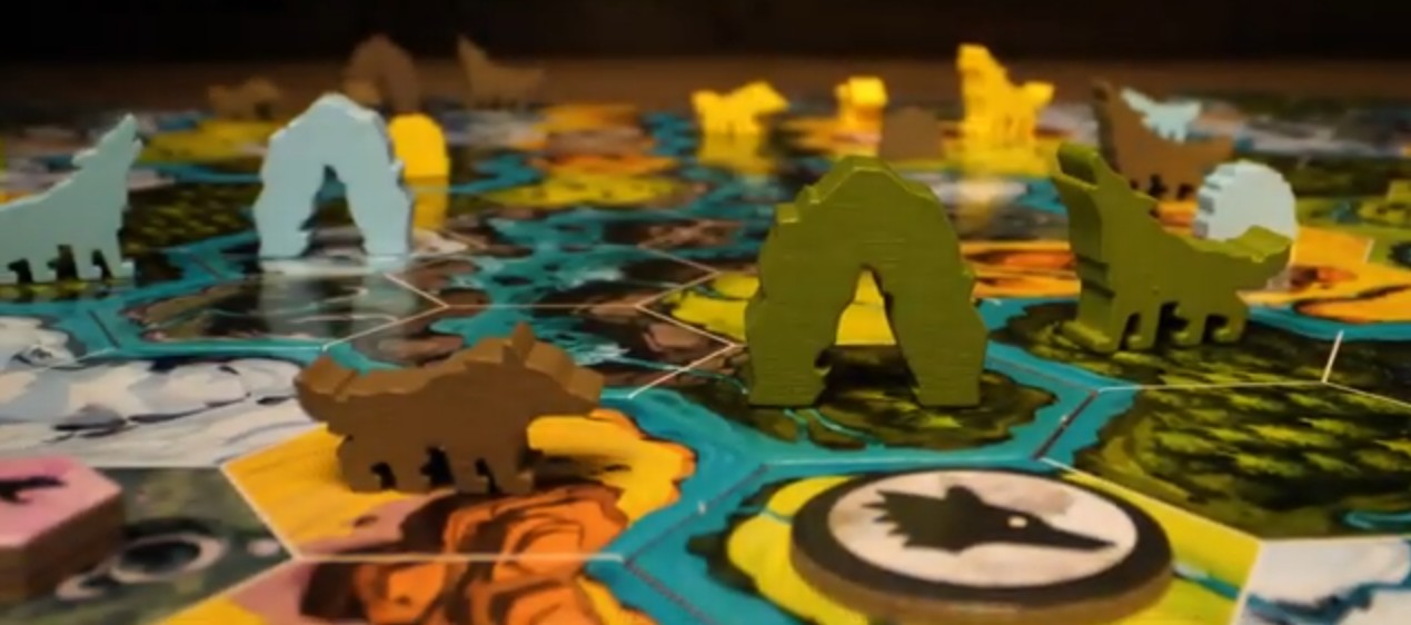 Colorful board game with various animal and character pieces on a game board, viewed from above.