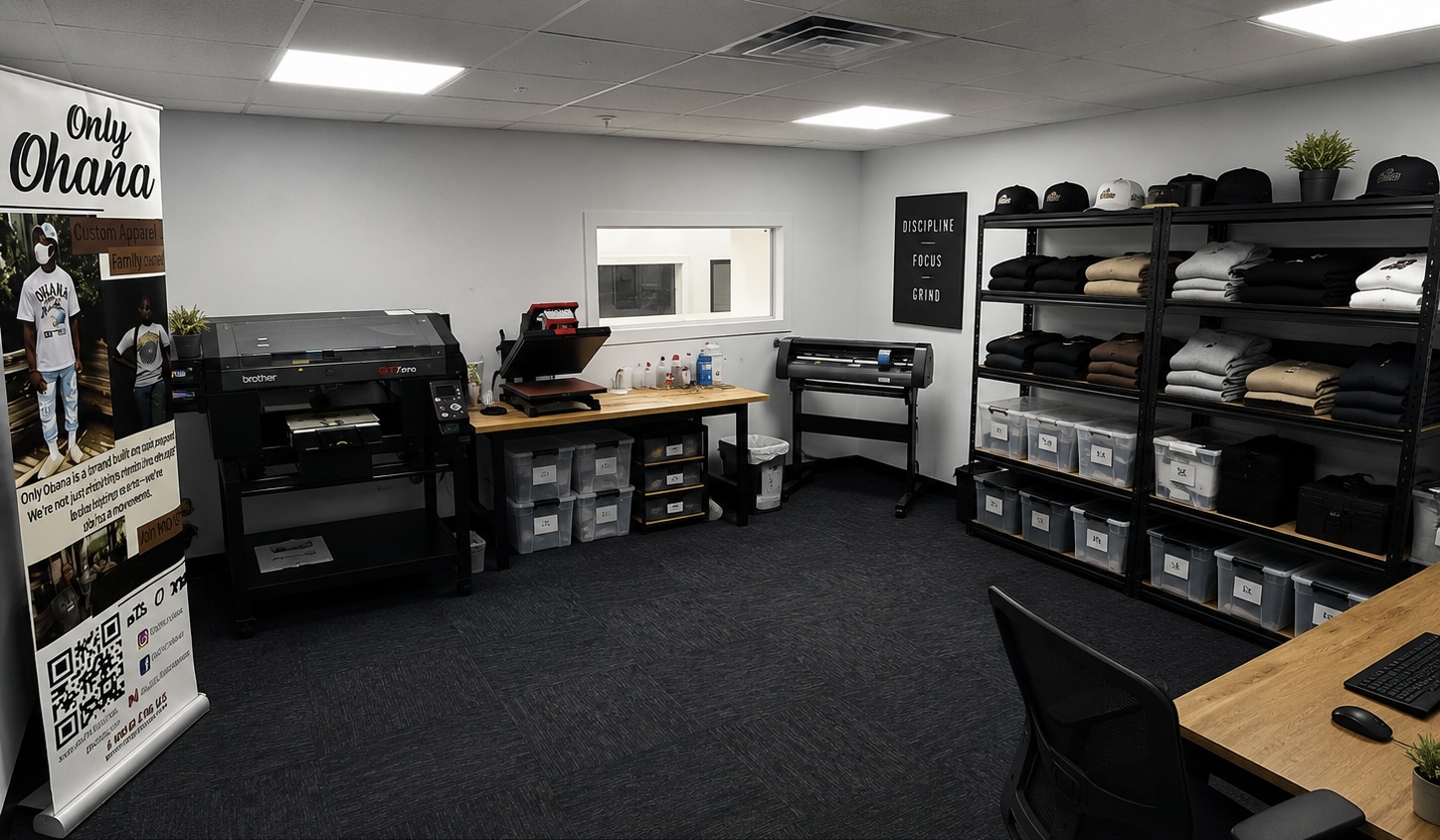 Office room with shelves, desks, and office supplies, including a printer, storage boxes, and a black chair, with a window and wall decor.