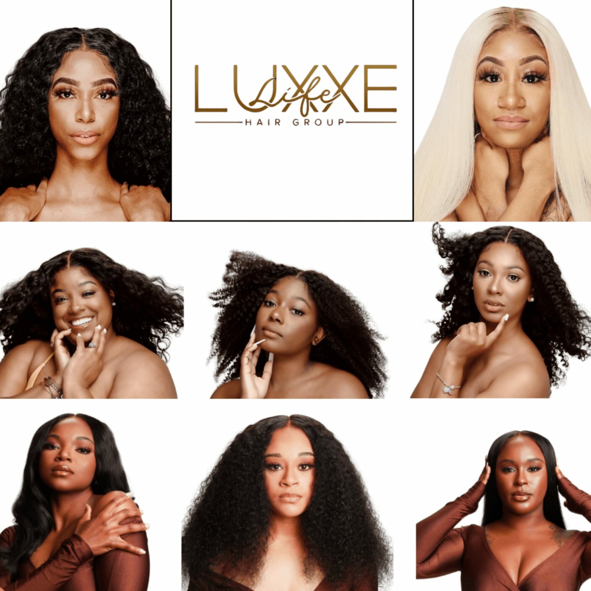 Collage of nine women with various hairstyles, and a logo reading 'LUXE HAIR GROUP' in the center.