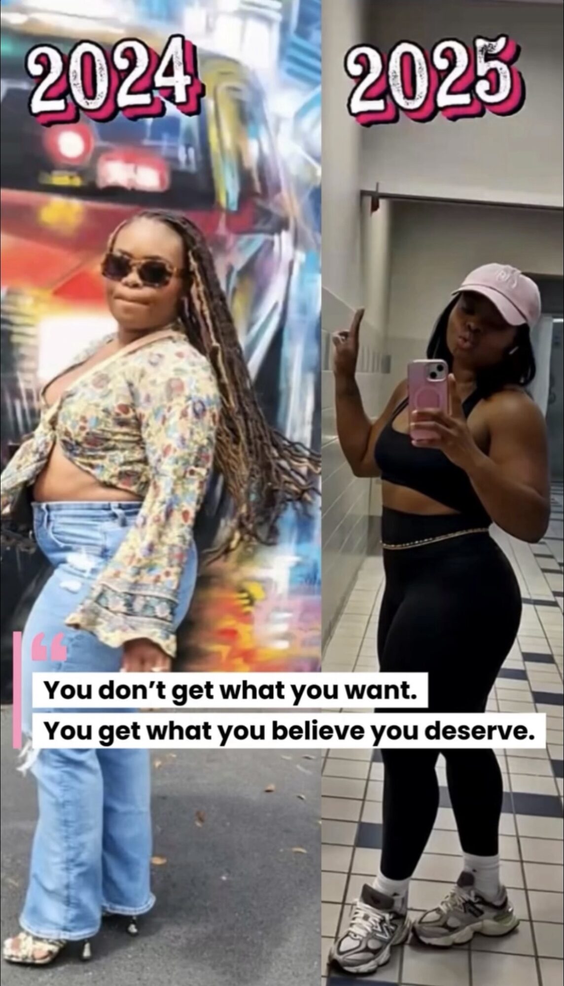 Side-by-side photos of a woman in different outfits, with text about achieving desires and beliefs, and a quote at the bottom.