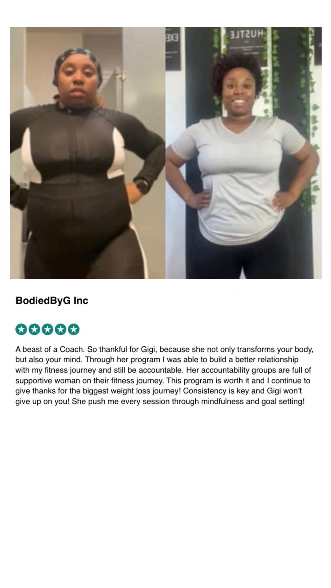 Side-by-side photos of a woman before and after weight loss, smiling with hands on hips, in casual clothing.