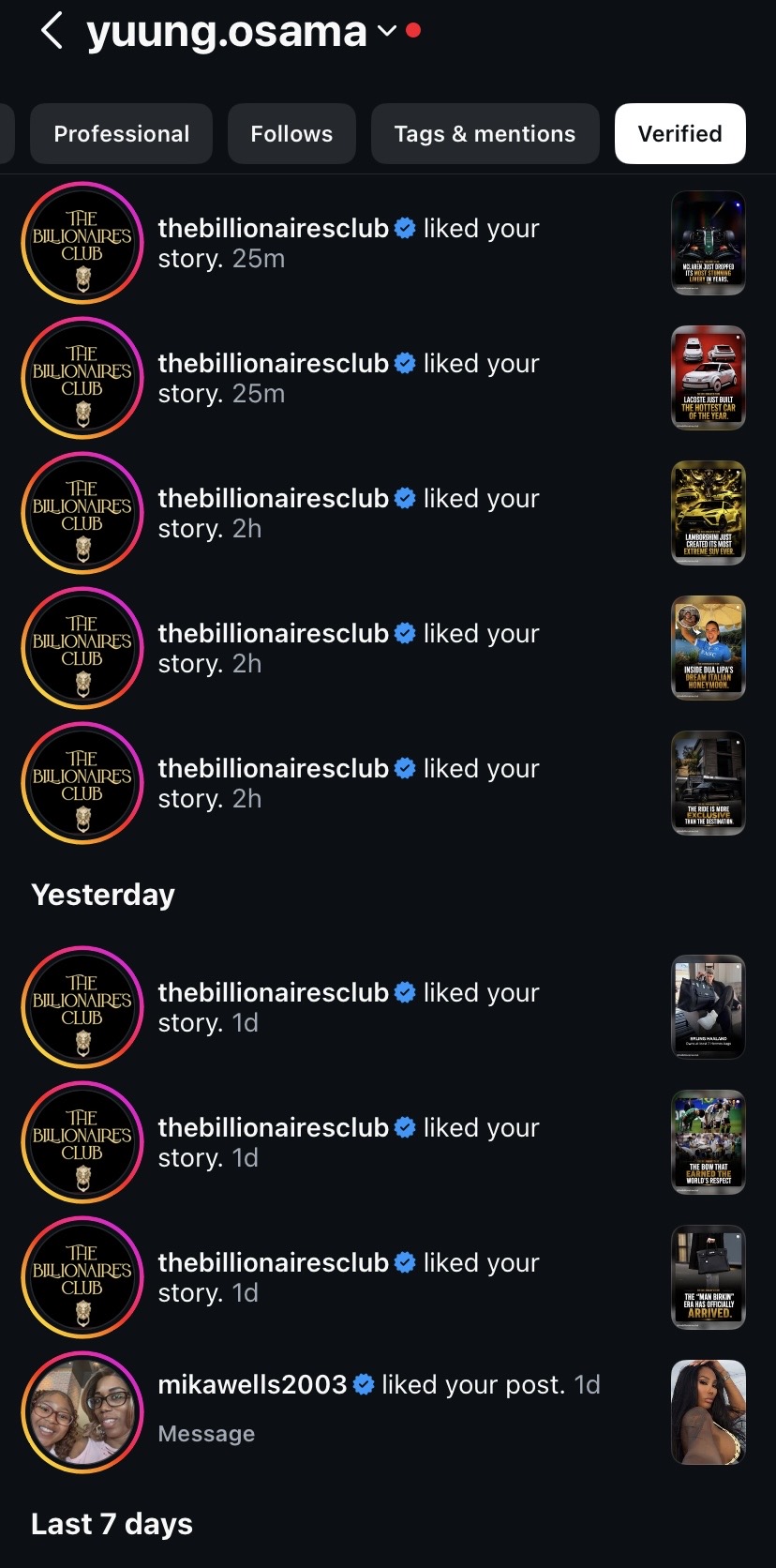 Screenshot of social media notifications and interactions, including likes and comments, with profile pictures and timestamps.