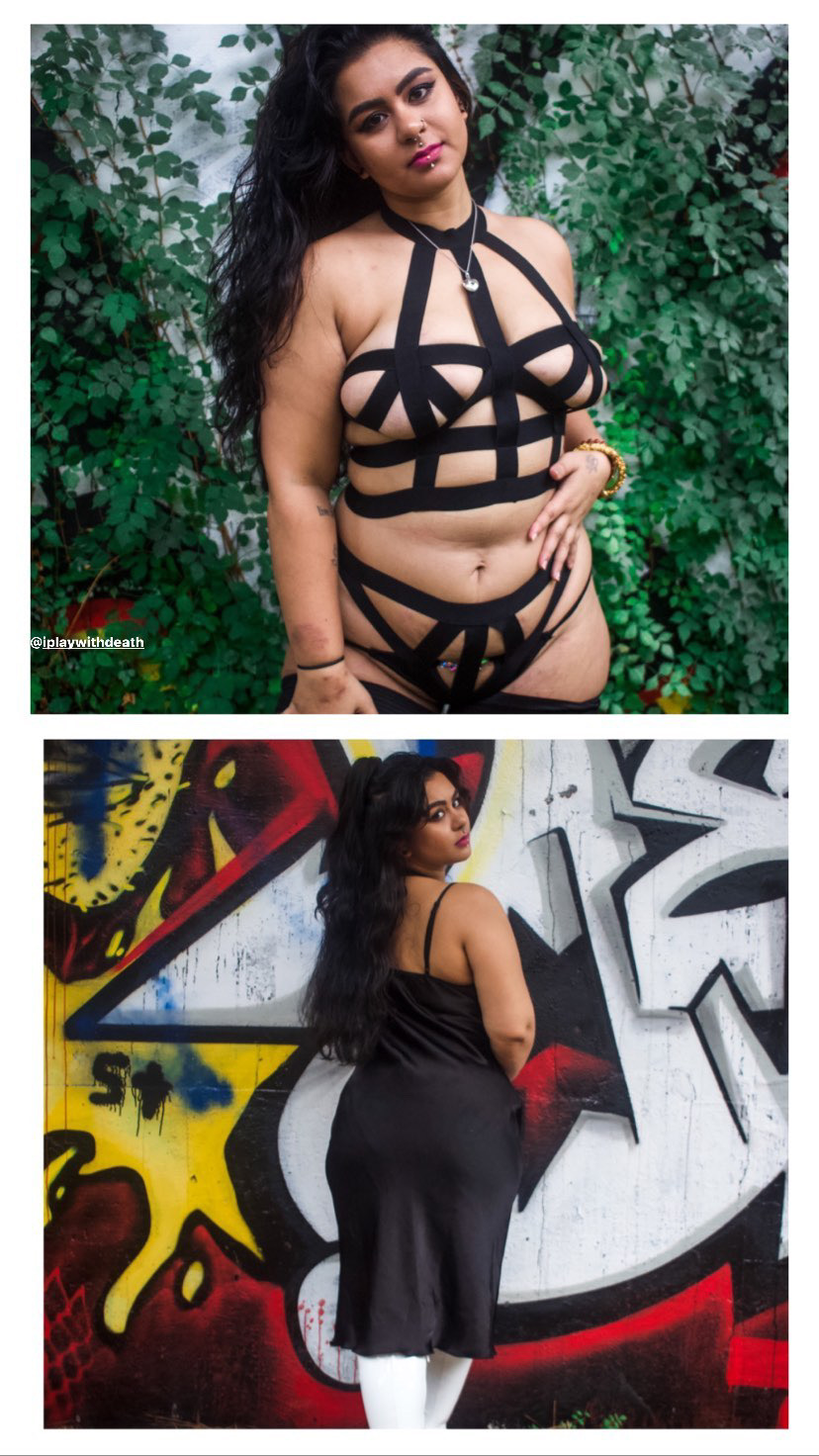 Two women pose in front of graffiti walls, one in black strappy outfit, the other in a black dress with white hem.
