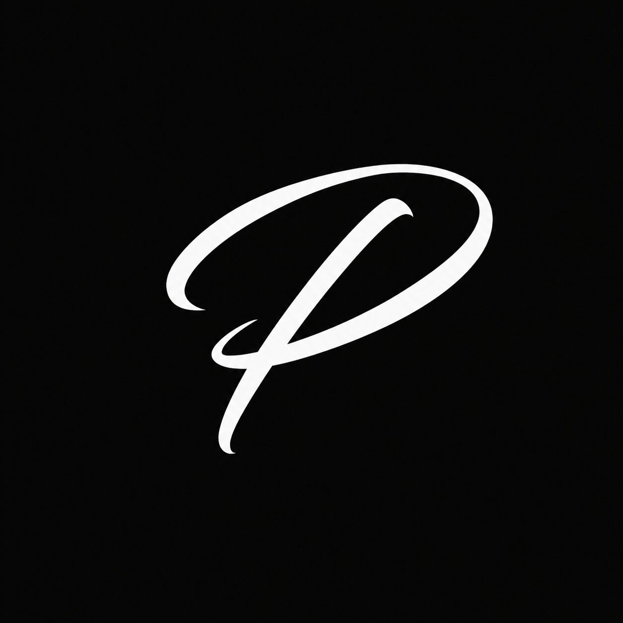 White stylized letter P on black background.