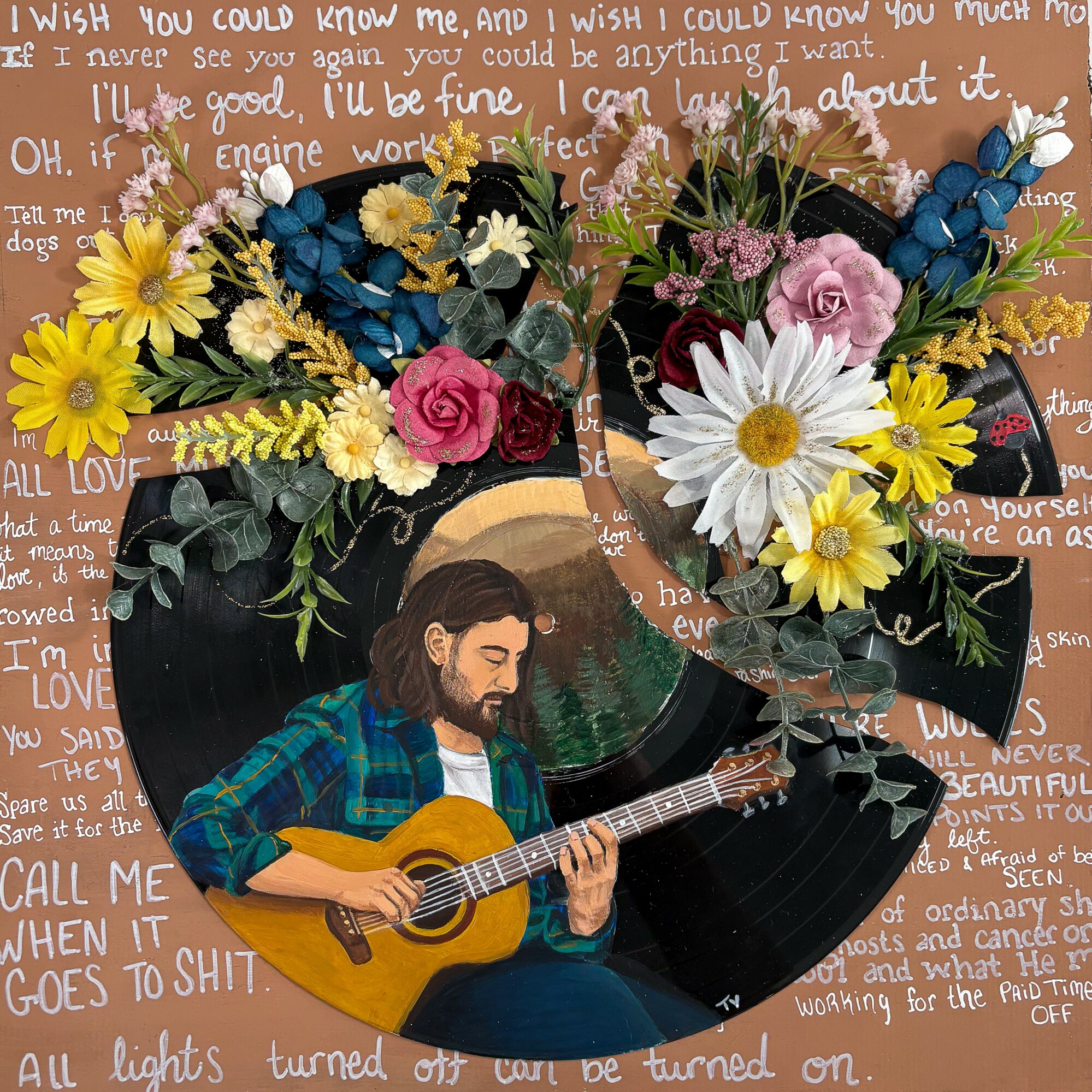 A painting of a man playing guitar surrounded by colorful flowers, with handwritten text in the background.