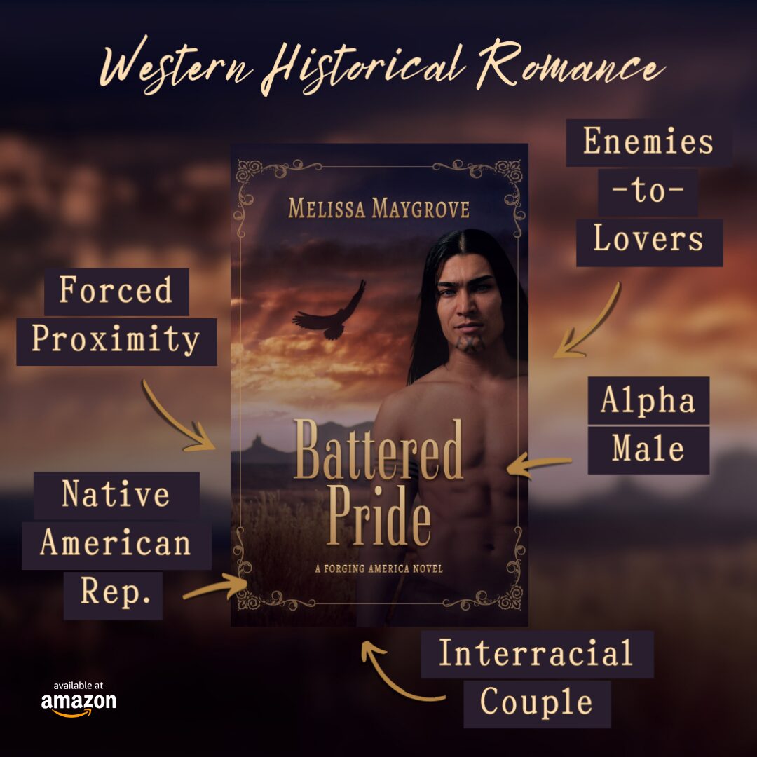 Book cover titled 'Battered Pride' with a woman, sunset background, and various descriptive labels around it.