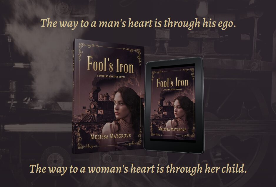 Book cover titled 'Fool's Iron' with a woman and cityscape background, displayed on a tablet, with quotes about love and ego.