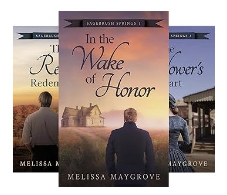 Book cover with a person facing a house at sunset, titled 'In the Wake of Honor' by Melissa Maygrove.