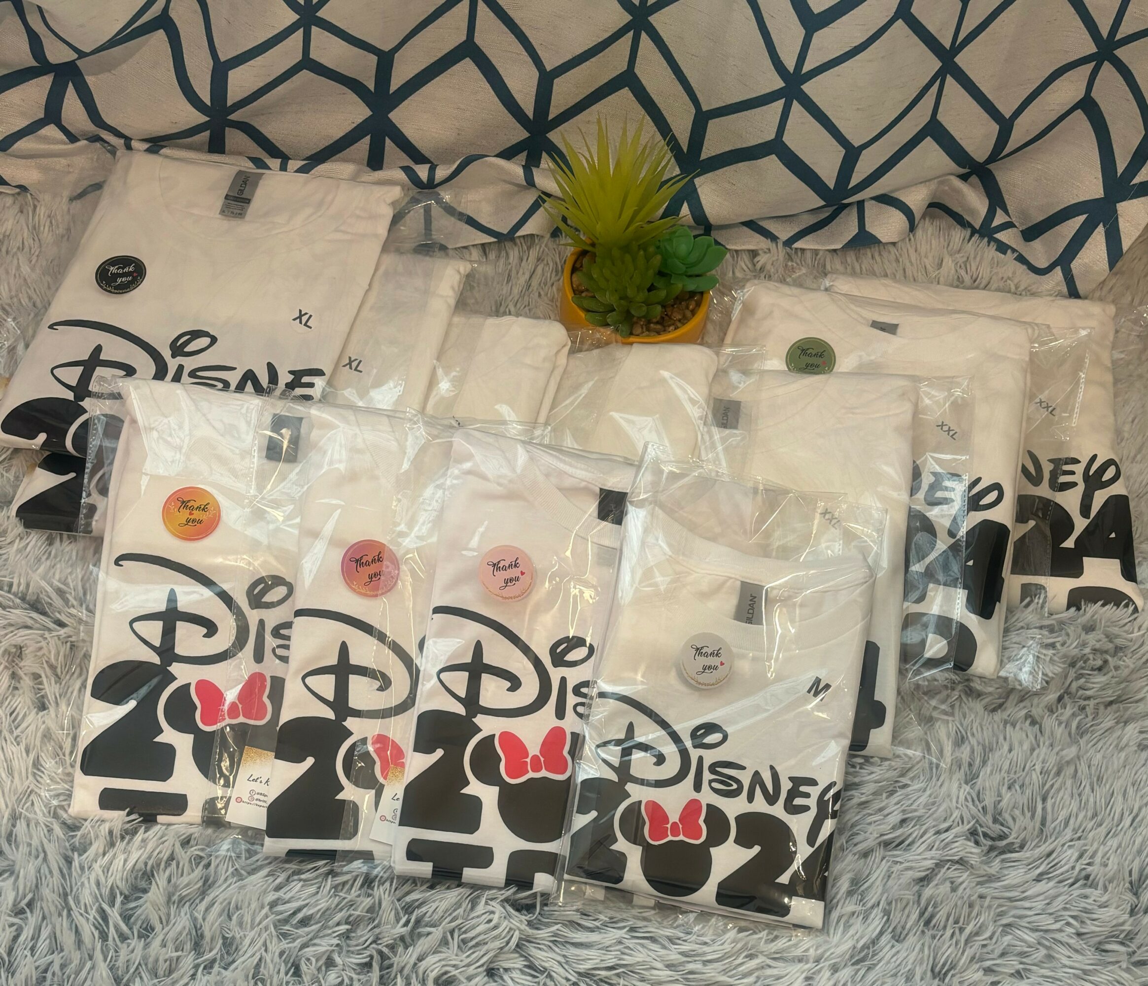 Multiple Disney-themed plastic bags with Minnie Mouse and Mickey Mouse designs, a small potted plant, and a gray furry surface.