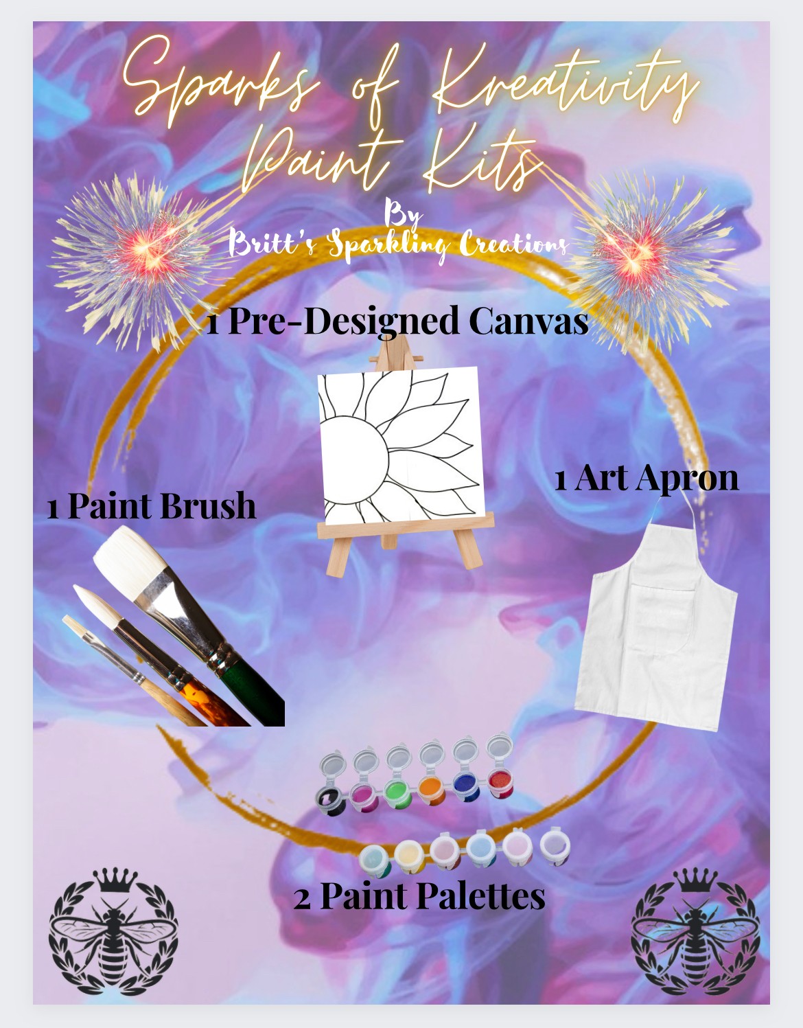 Colorful poster with flowers, paint palette, brushes, art apron, and text about creative kits.
