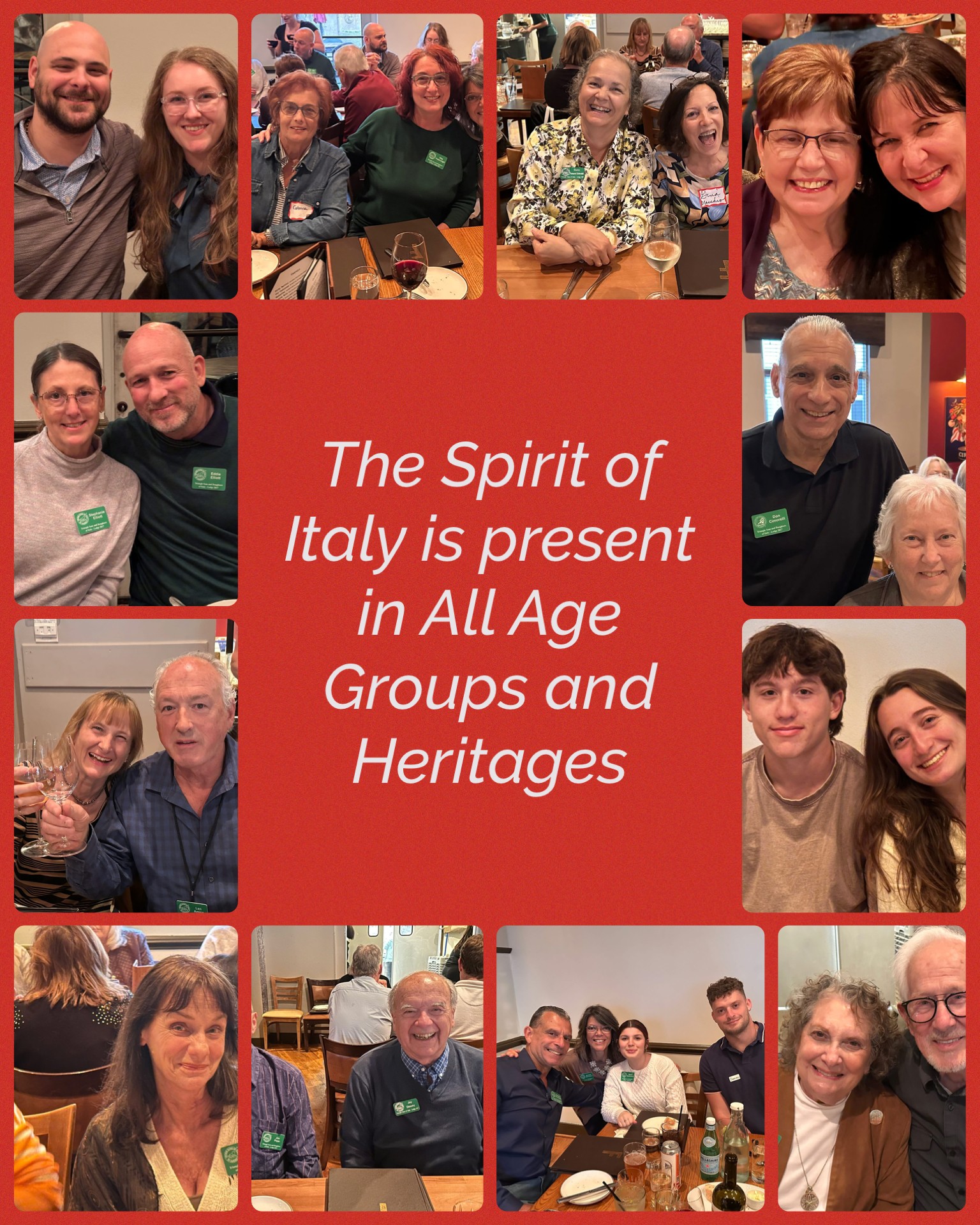 Collage of diverse people at social gatherings with a red central message: 'The Spirit of Italy is present in All Age Groups and Heritages.'
