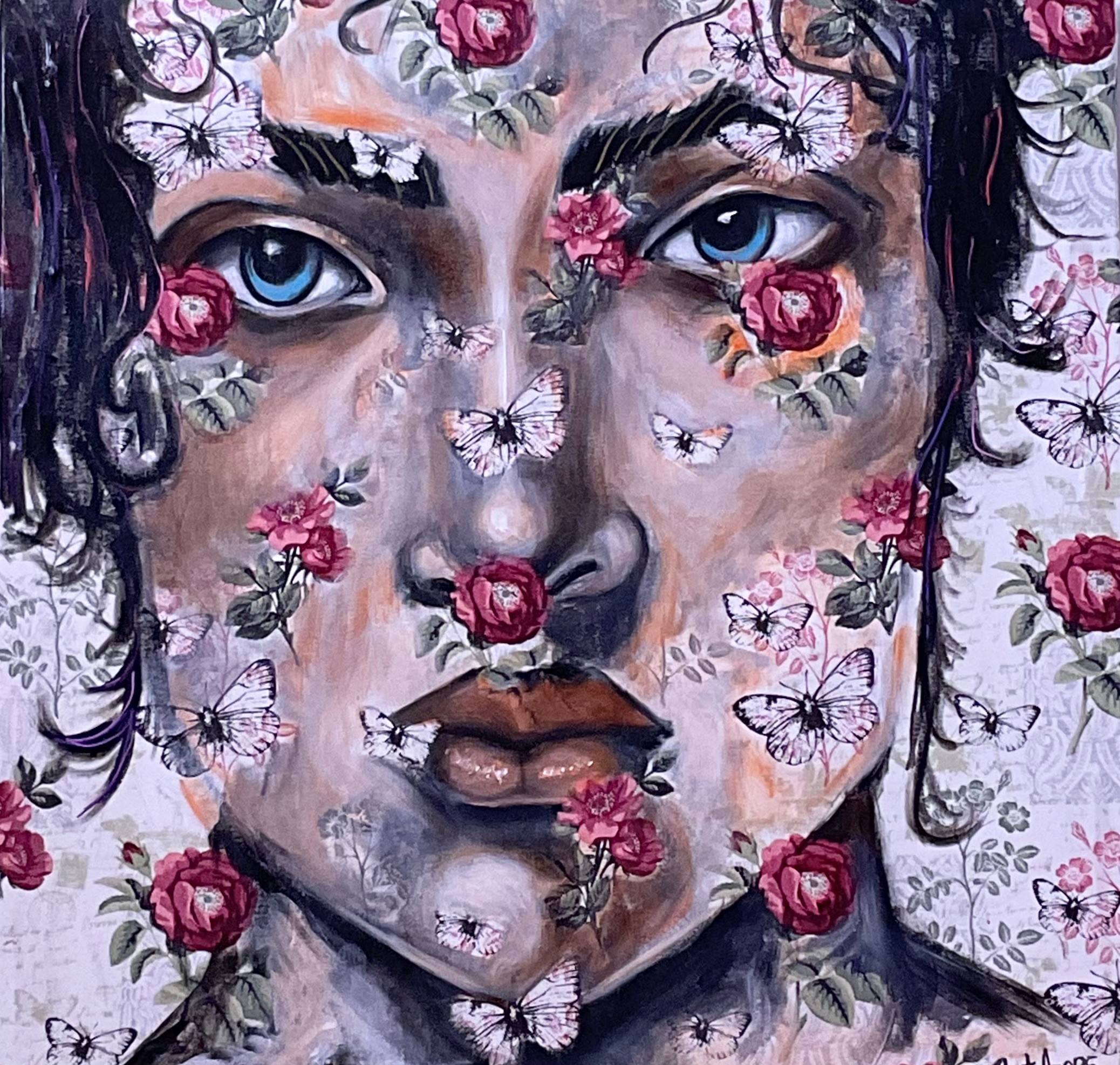 Close-up of a woman's face with blue eyes, surrounded by pink roses and butterflies, painted in a detailed, artistic style.