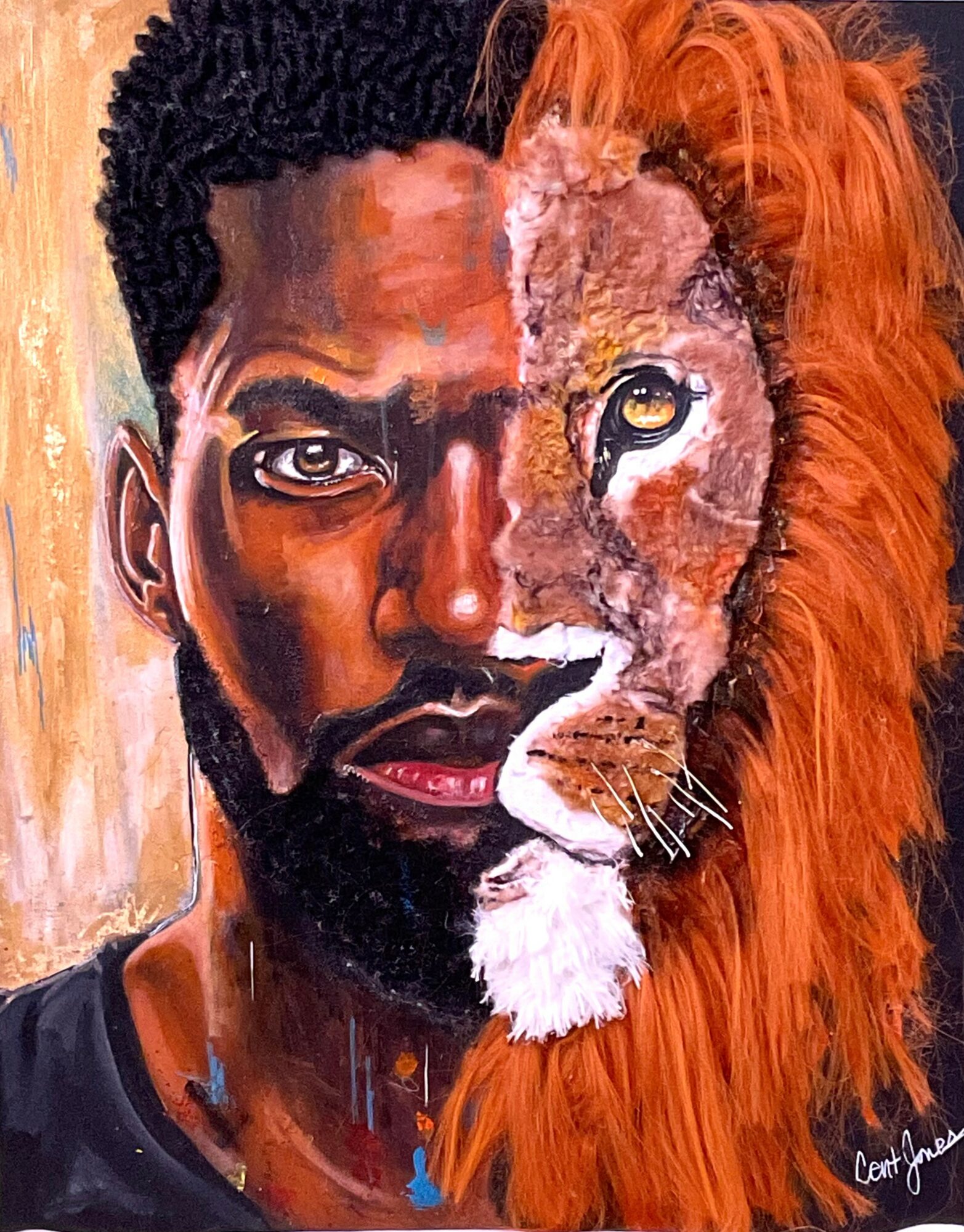 Half of a painted portrait of a man with dark skin, black hair, and beard, combined with a lion's face with orange mane.