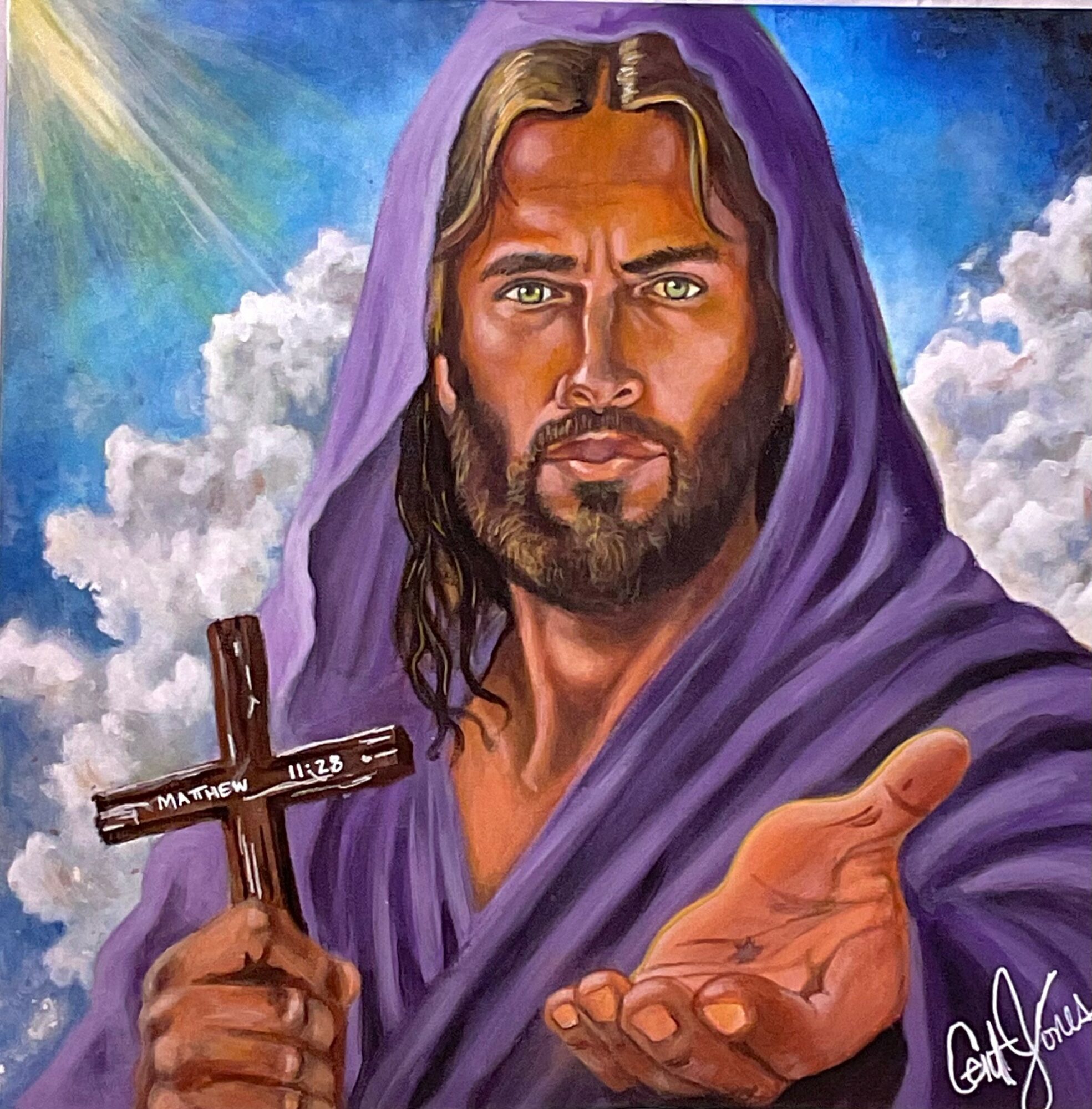 Painting of a man with long hair and beard, wearing purple robes, holding a cross, with clouds and sunlight in background.