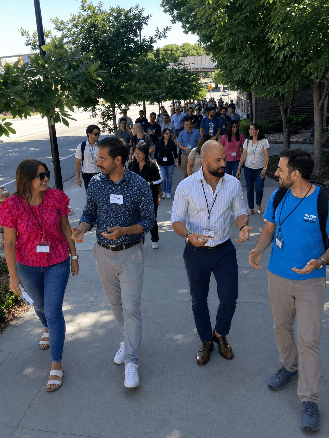 Group of people walking outdoors on a sunny day, trees lining the sidewalk, some engaged in conversation.