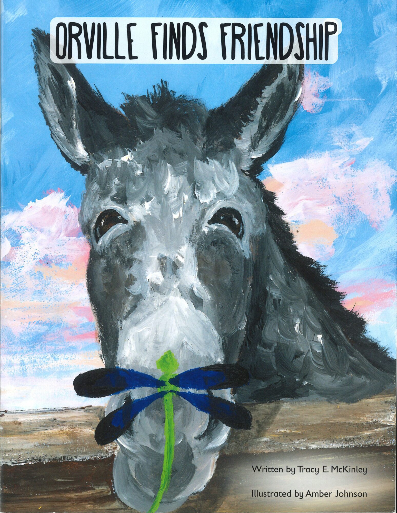 Illustration of a donkey's face with a blue sky background, title 'Orville Finds Friendship,' and author information.