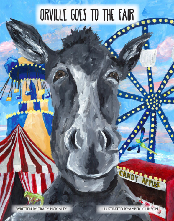 A donkey's face in front of a fairground with a Ferris wheel, tent, and candy apple, titled 'Orville Goes to the Fair'.