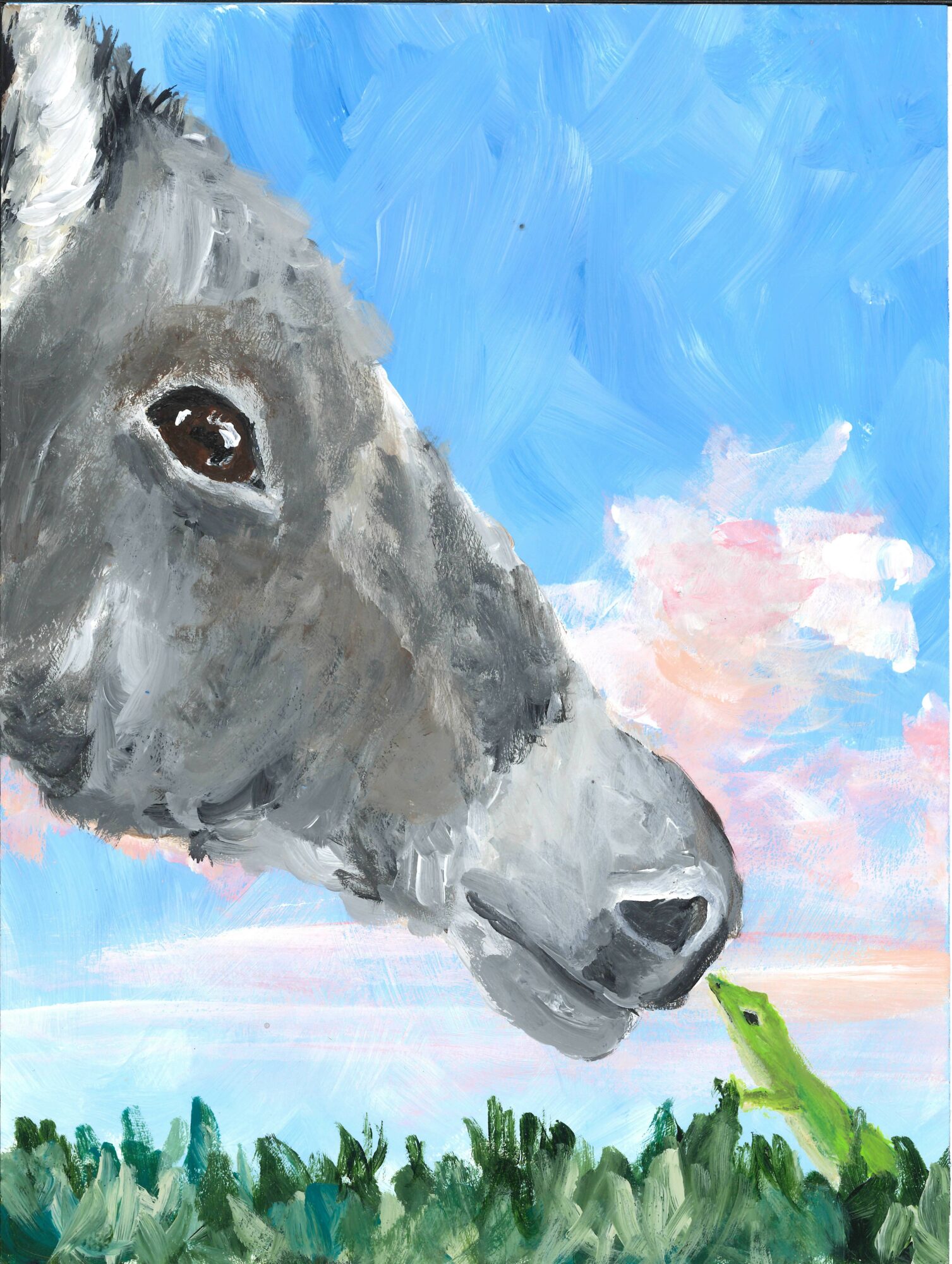 A painting of a horse's head and a small green lizard on grass against a sky with pink and blue clouds.