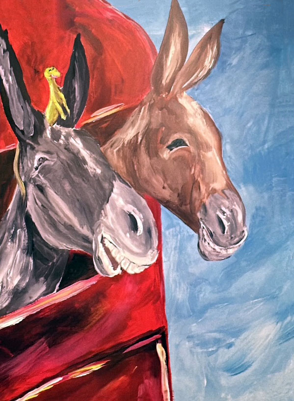 Two donkeys with a small yellow bird on one donkey's head, against a blue sky background.