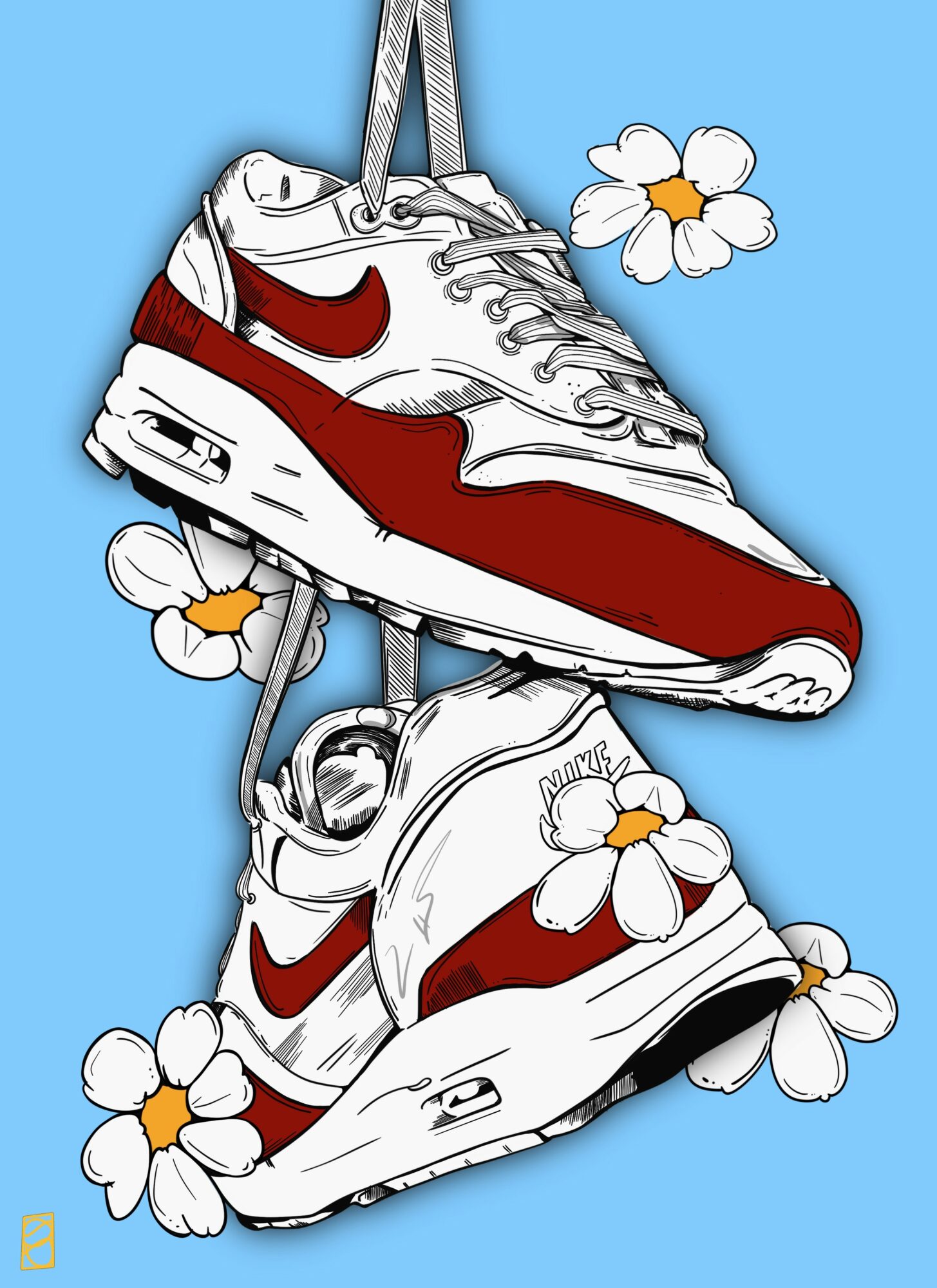 Two white and red Nike sneakers hanging with white flowers around them on a blue background.