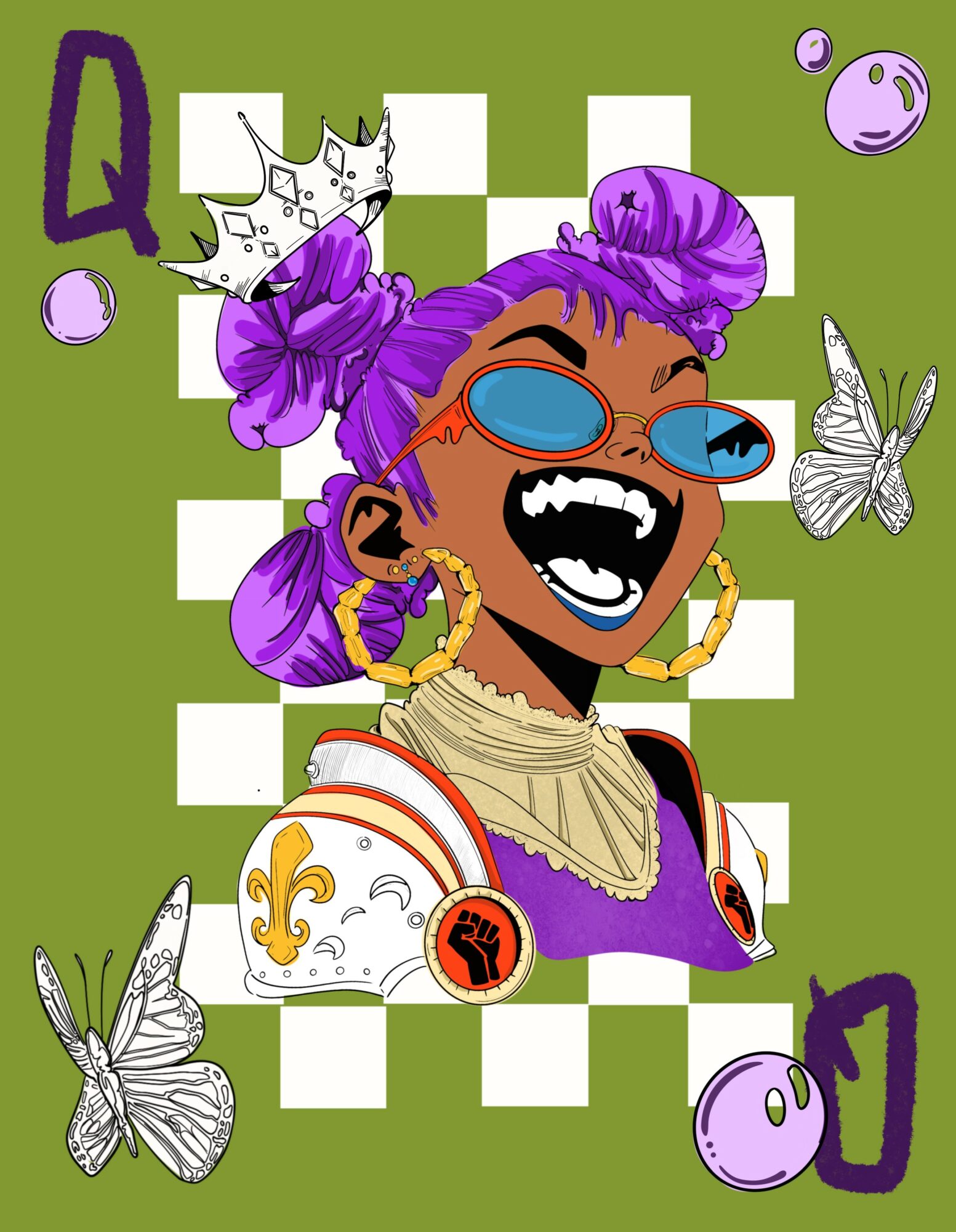 Cartoon woman with purple hair, sunglasses, earrings, and a crown, smiling with open mouth, surrounded by butterflies and bubbles, green background.