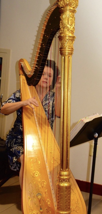 Person playing a large, ornate harp indoors, standing next to a music stand, with a beige wall in the background.