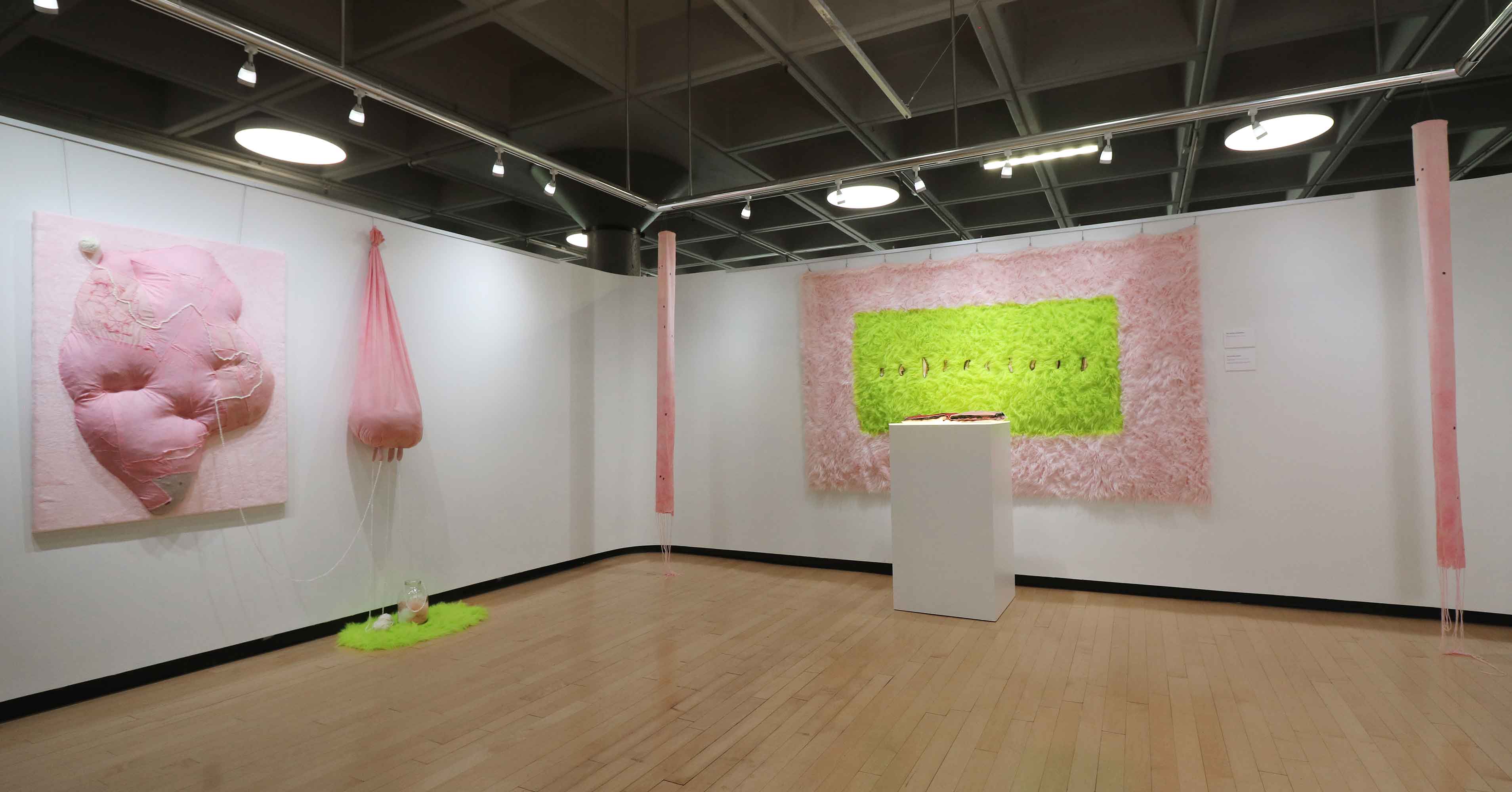 Art gallery with pink and green abstract artworks on white walls, wooden floor, and ceiling lights.