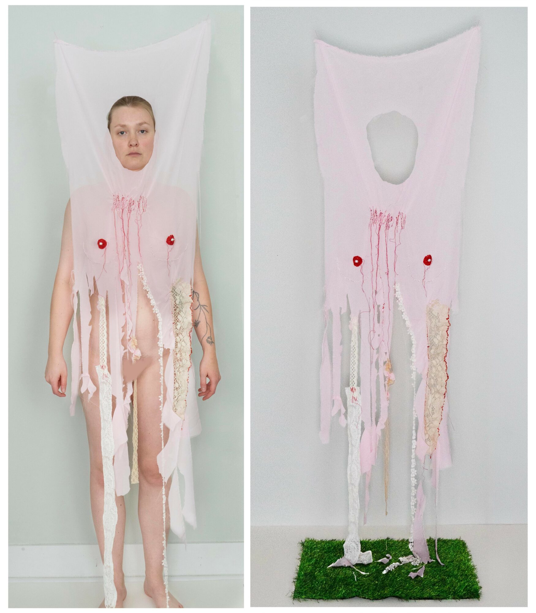 Person standing behind a torn, hanging fabric with holes, with a green mat underneath, in a light-colored room.