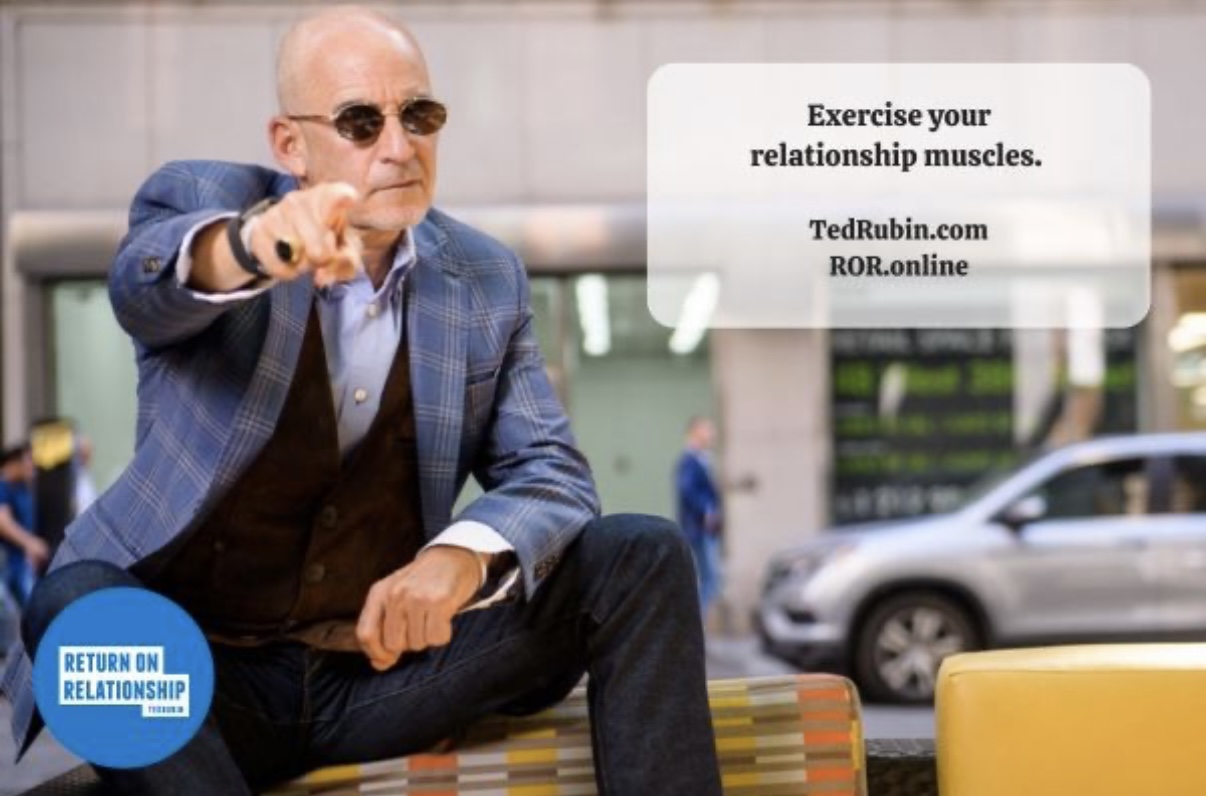 Elderly man in sunglasses crouches outdoors, pointing forward, with a city street and cars in background. Text promotes relationship muscle exercises.