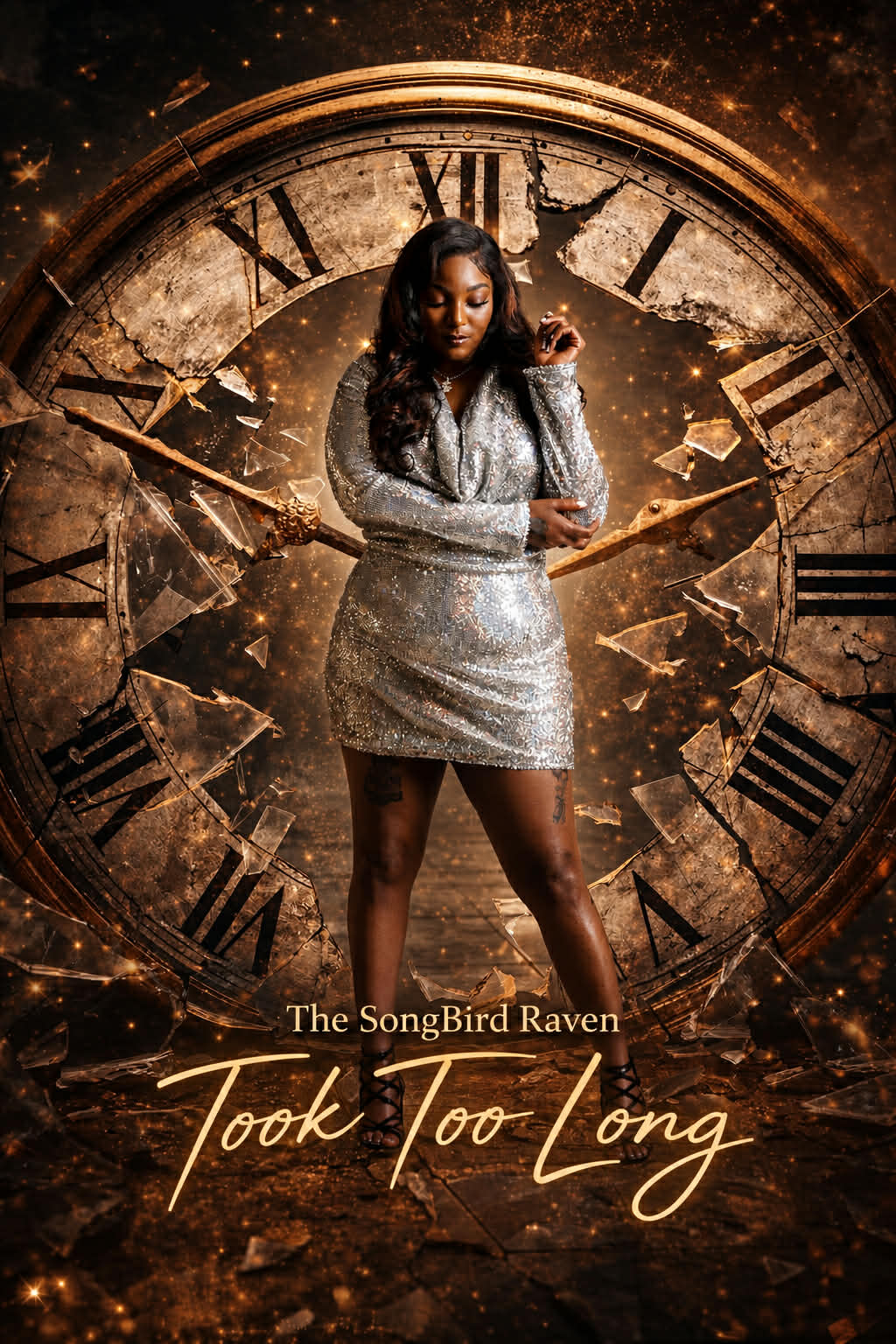 A woman in a silver dress stands with arms crossed in front of a large clock face with Roman numerals, surrounded by glowing particles.