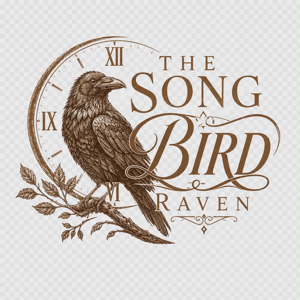 A detailed illustration of a bird perched on a branch with a clock face background, and text reading 'The Song Bird Raven'.