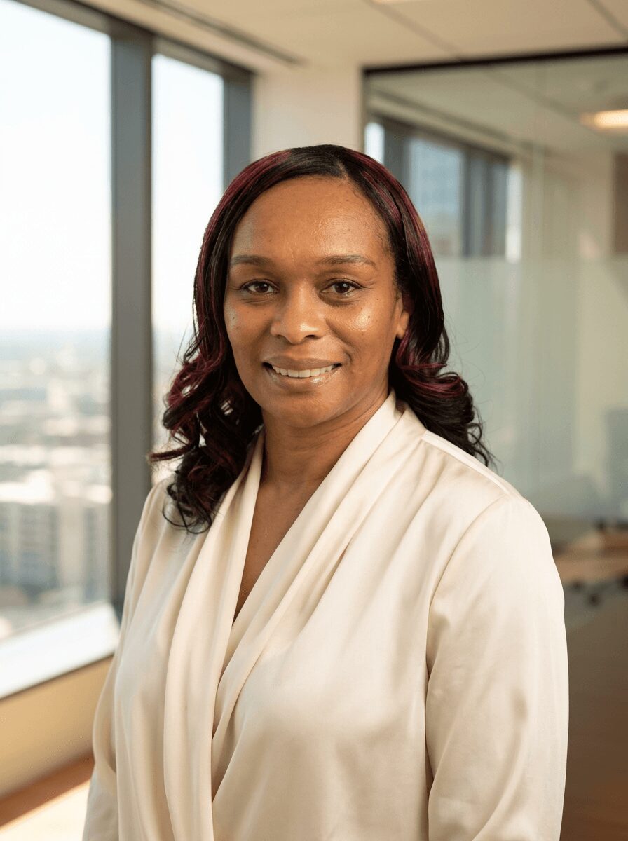 Professional woman with dark red hair smiling in office setting with large windows and city view