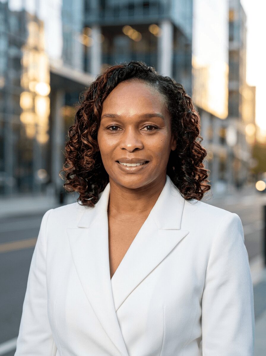 Portrait of a woman with curly hair wearing a white blazer, standing outdoors in an urban setting.